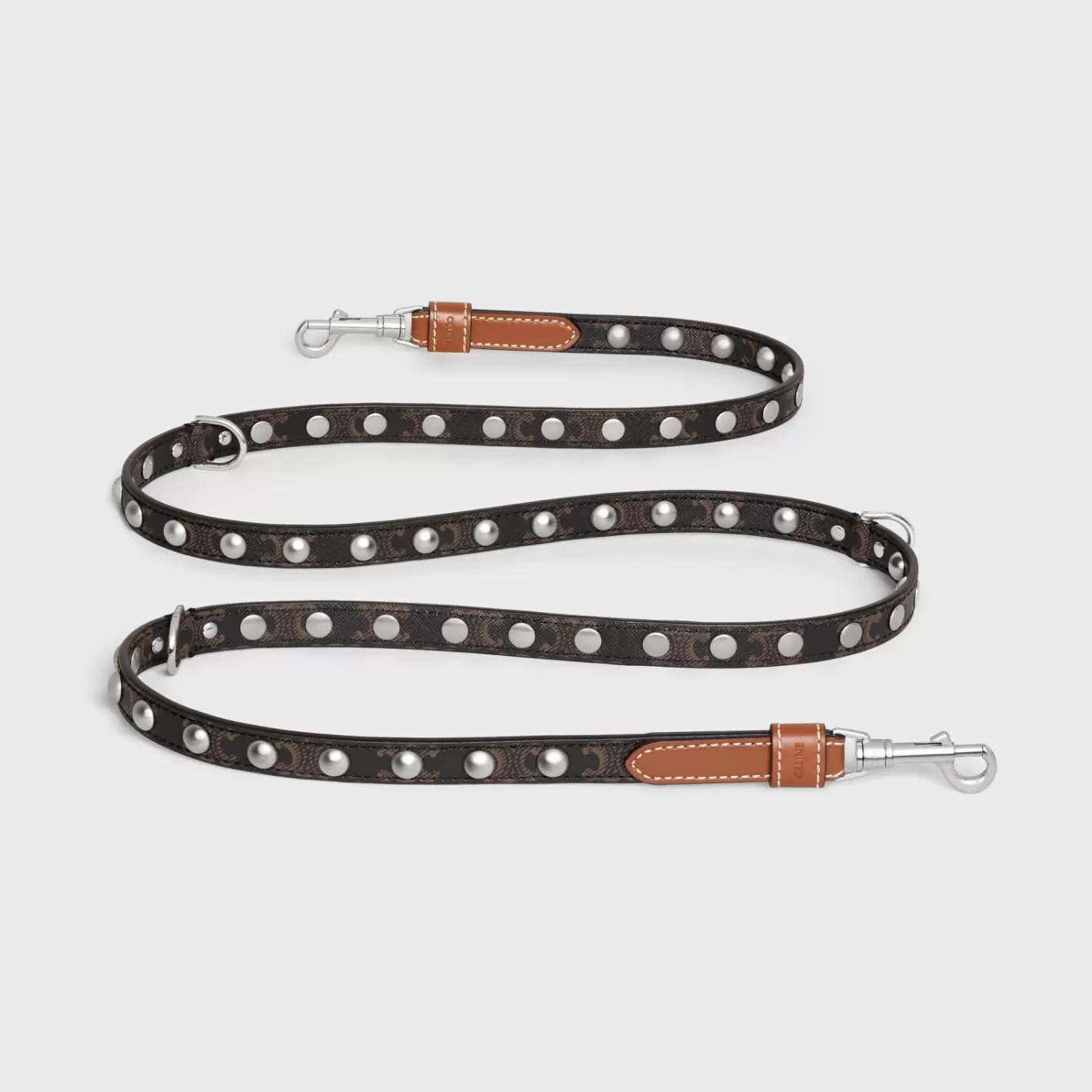 New CELINE Adjustable Dog Leash in Triomphe Canvas and Calfskin with Studs TAN