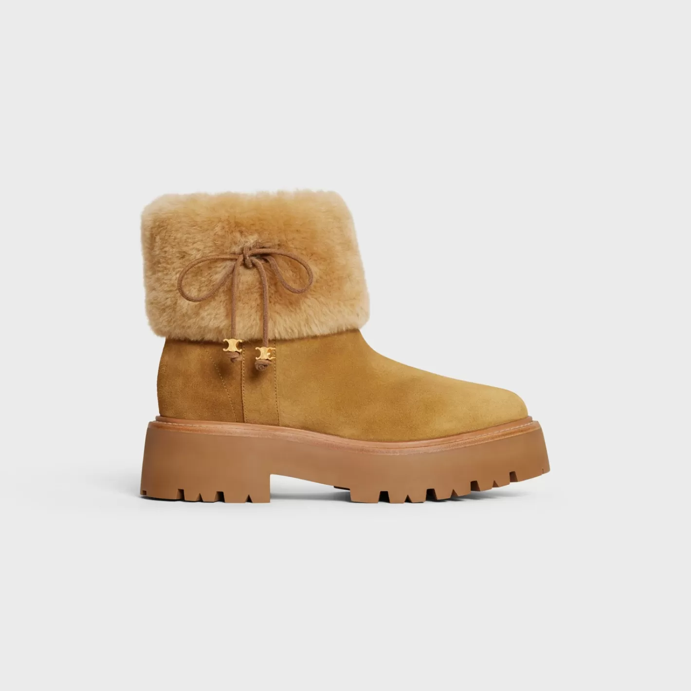 Sale CELINE BULKY CROPPED BOOT WITH TRIOMPHE TASSELS in SUEDE CALFSKIN AND SHEARLING DARKHAVANA/COGNAC