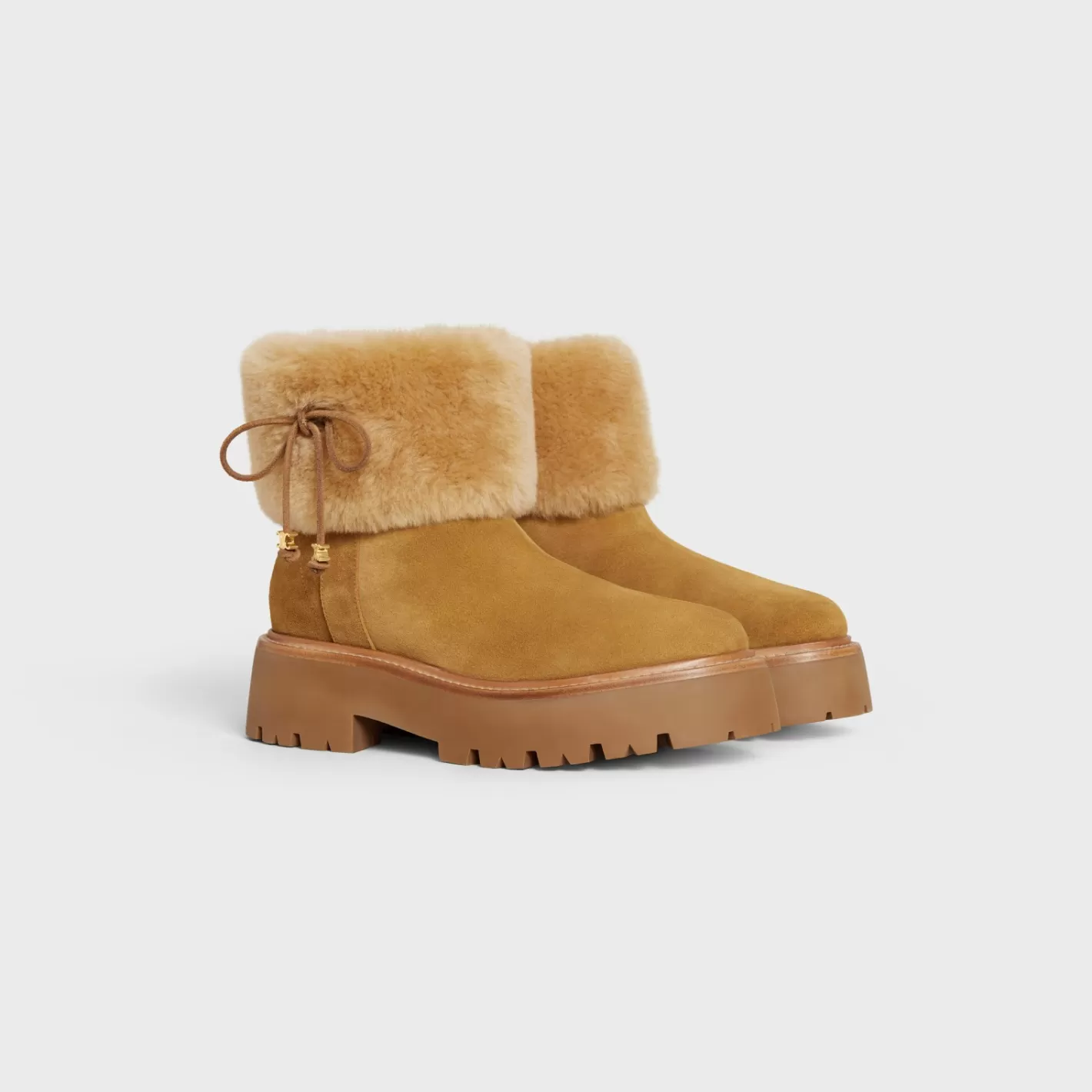 Sale CELINE BULKY CROPPED BOOT WITH TRIOMPHE TASSELS in SUEDE CALFSKIN AND SHEARLING DARKHAVANA/COGNAC