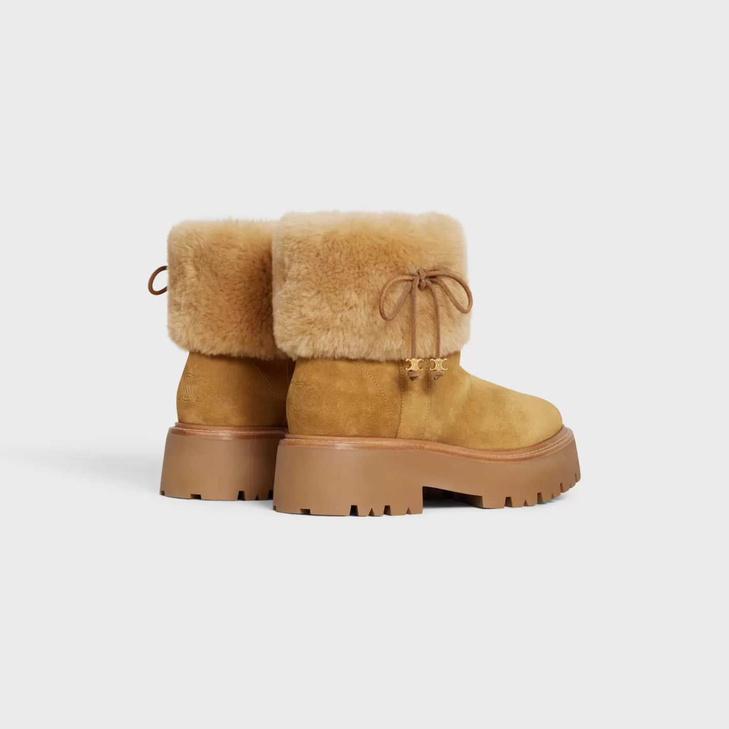 Sale CELINE BULKY CROPPED BOOT WITH TRIOMPHE TASSELS in SUEDE CALFSKIN AND SHEARLING DARKHAVANA/COGNAC