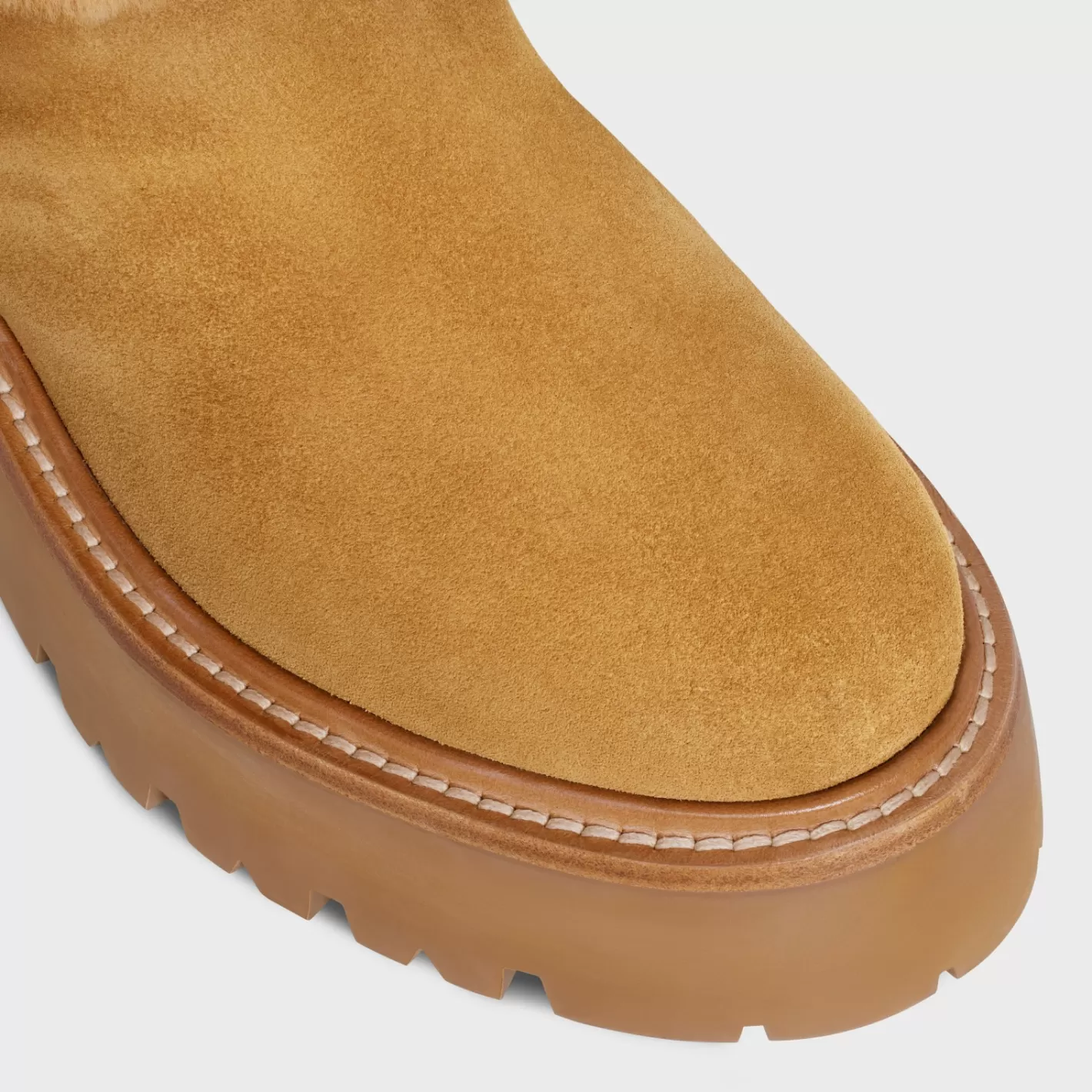 Sale CELINE BULKY CROPPED BOOT WITH TRIOMPHE TASSELS in SUEDE CALFSKIN AND SHEARLING DARKHAVANA/COGNAC