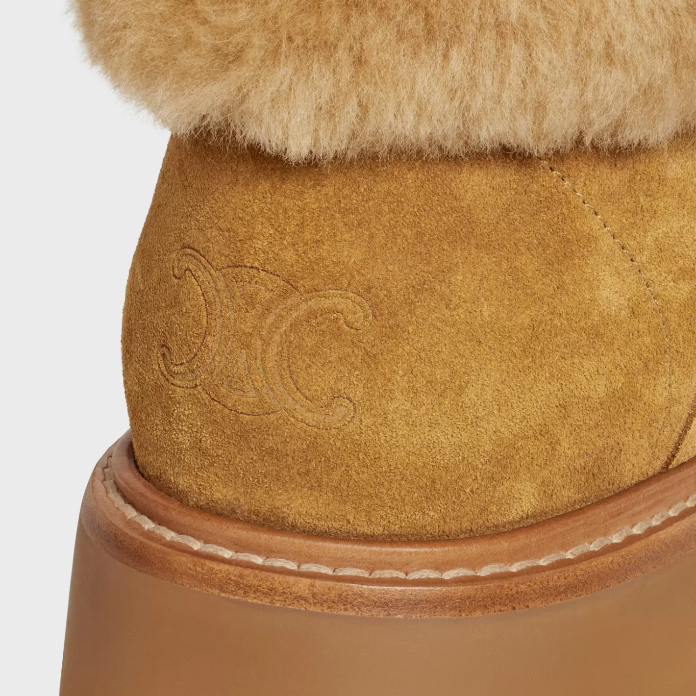 Sale CELINE BULKY CROPPED BOOT WITH TRIOMPHE TASSELS in SUEDE CALFSKIN AND SHEARLING DARKHAVANA/COGNAC