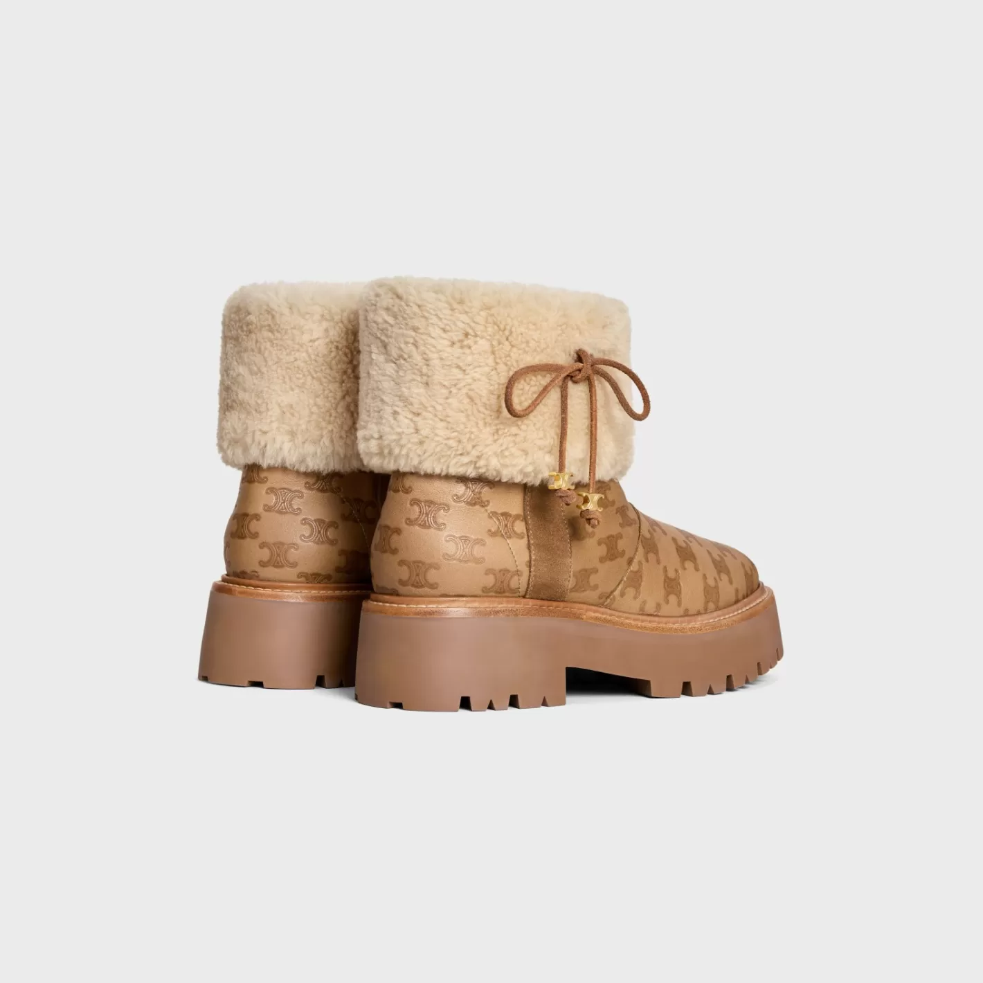 Clearance CELINE BULKY CROPPED TRIOMPHE BOOT in SUEDE STAMPED CALFSKIN AND SHEARLING COGNAC/NATURAL