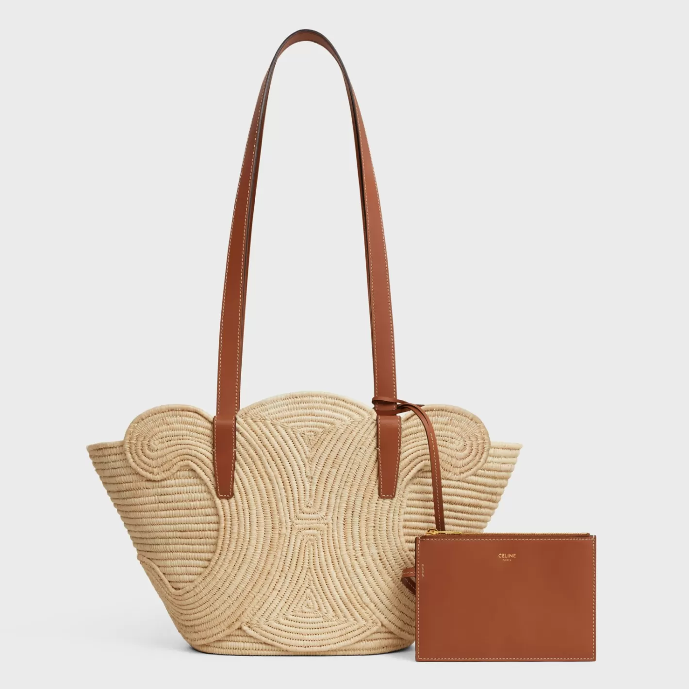 Best CELINE CLASSIC PANIER SMALL BRAIDED TRIOMPHE in RAFFIA and CALFSKIN TAN