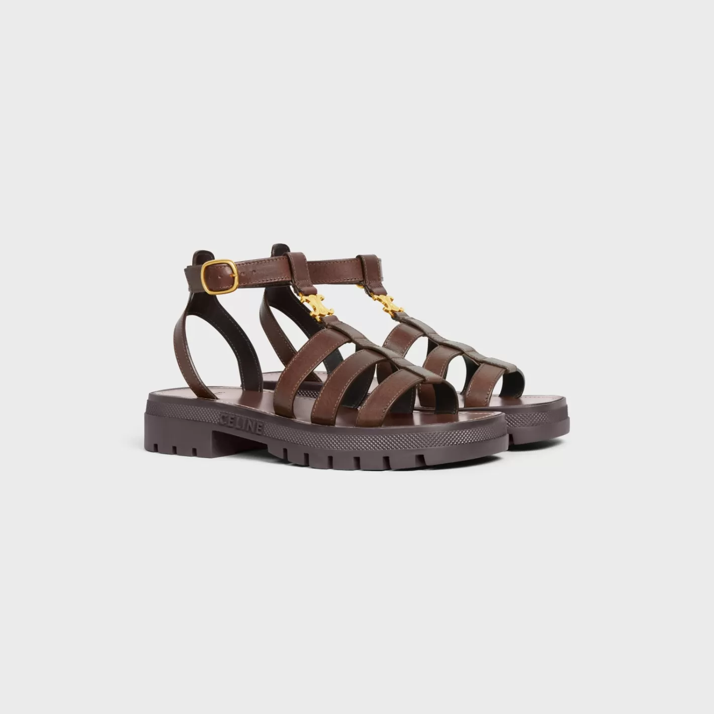 New CELINE CLEA TRIOMPHE GLADIATOR SANDAL in CALFSKIN - VEGETAL TANNING DARKBROWN