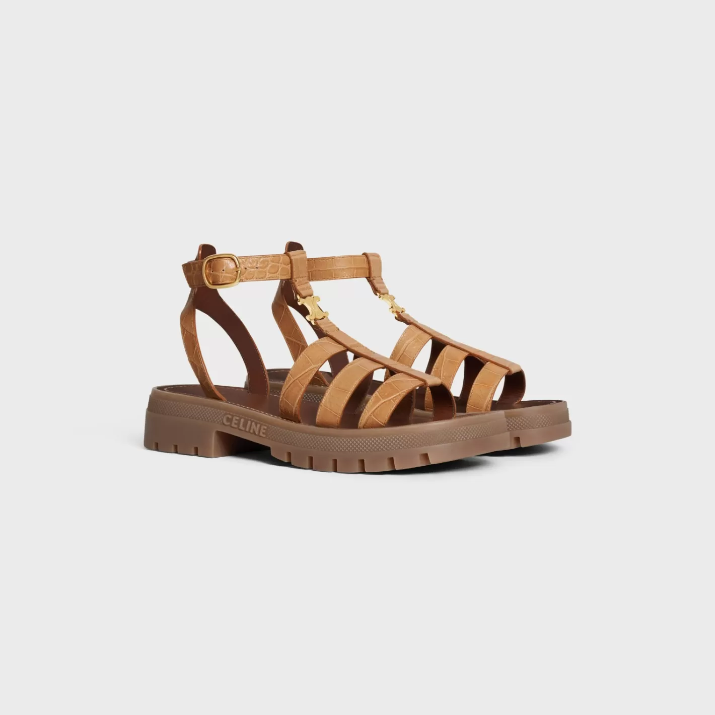 Cheap CELINE CLEA TRIOMPHE GLADIATOR SANDAL in CROCODILE STAMPED CALFSKIN LIGHTCARAMEL