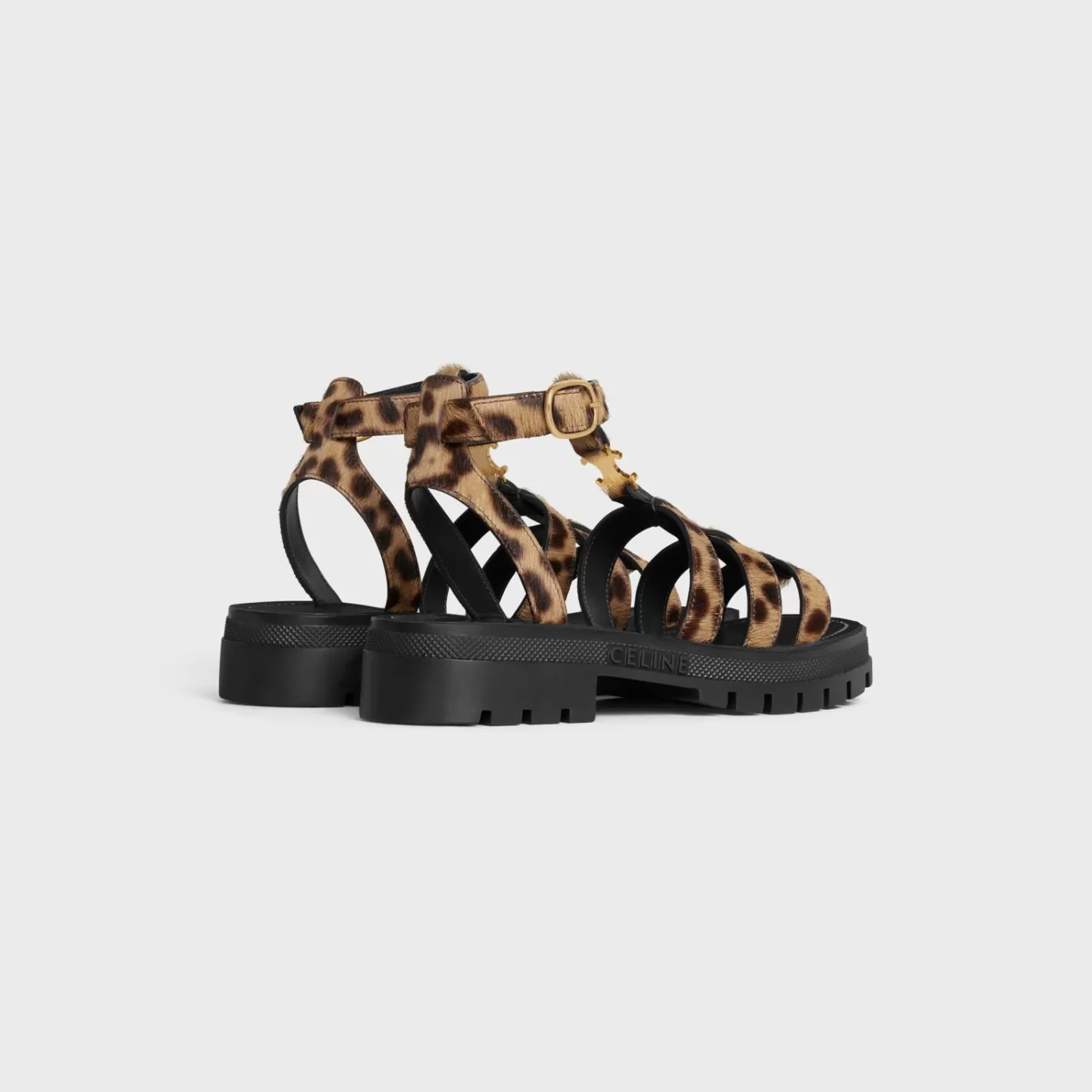 Fashion CELINE CLEA TRIOMPHE GLADIATOR SANDAL in LEOPARD PRINTED HAIRY CALFSKIN BLACK/BROWN/BEIGE