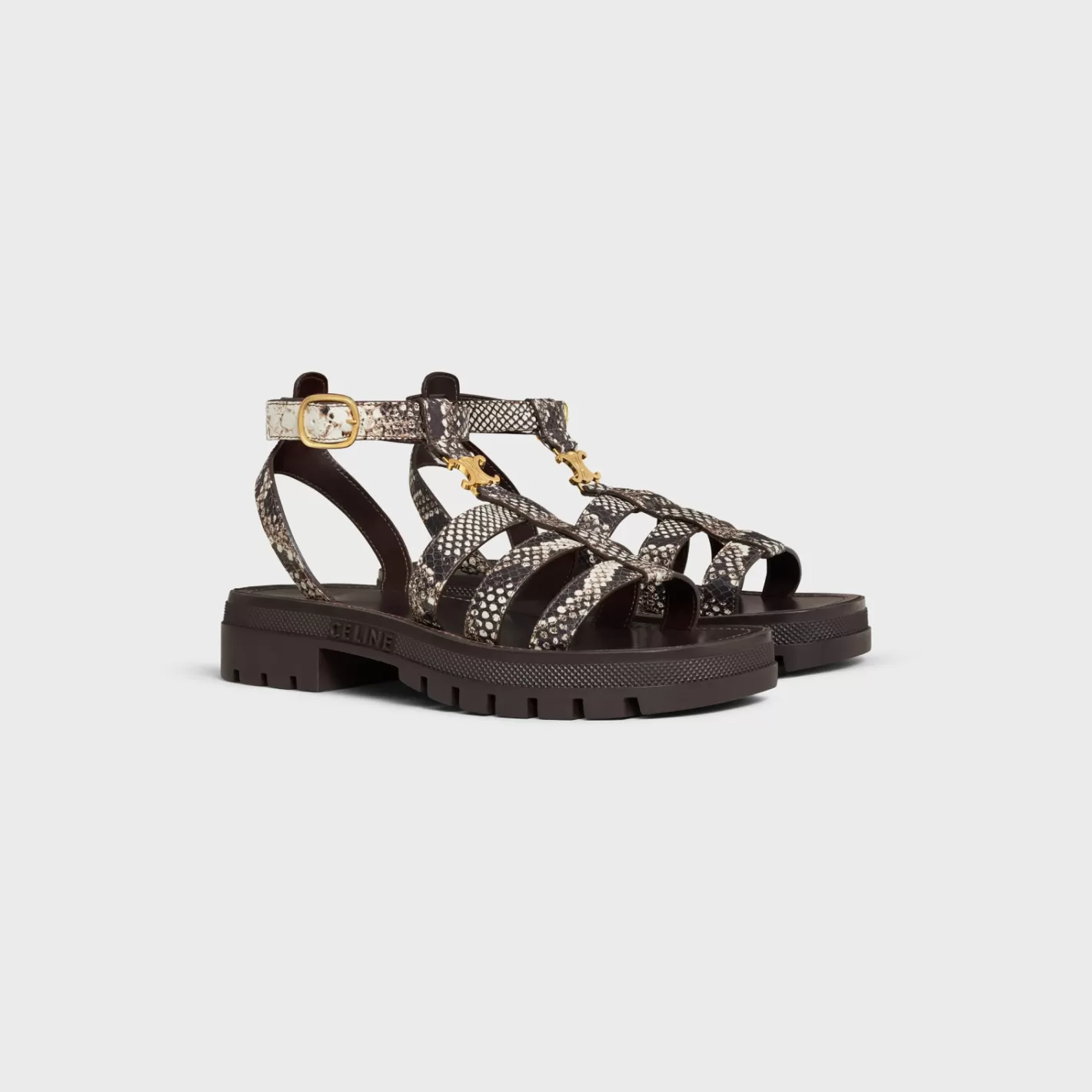 Best Sale CELINE CLEA TRIOMPHE GLADIATOR SANDAL in Python Stamped Goatskin WHITE/DARKBROWN