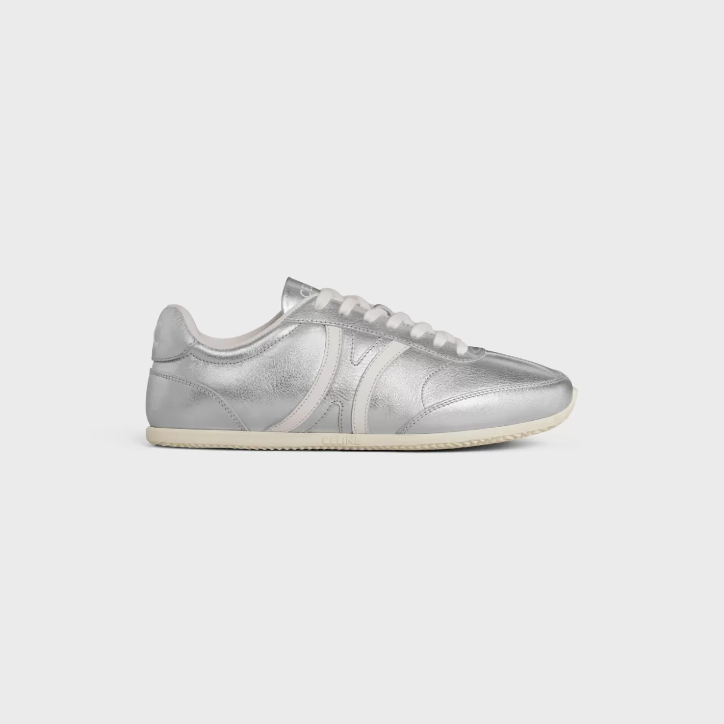 Sale CELINE JOGGER LOW LACE-UP SNEAKER in LAMINATED CALFSKIN AND CALFSKIN SILVER/OPTICWHITE