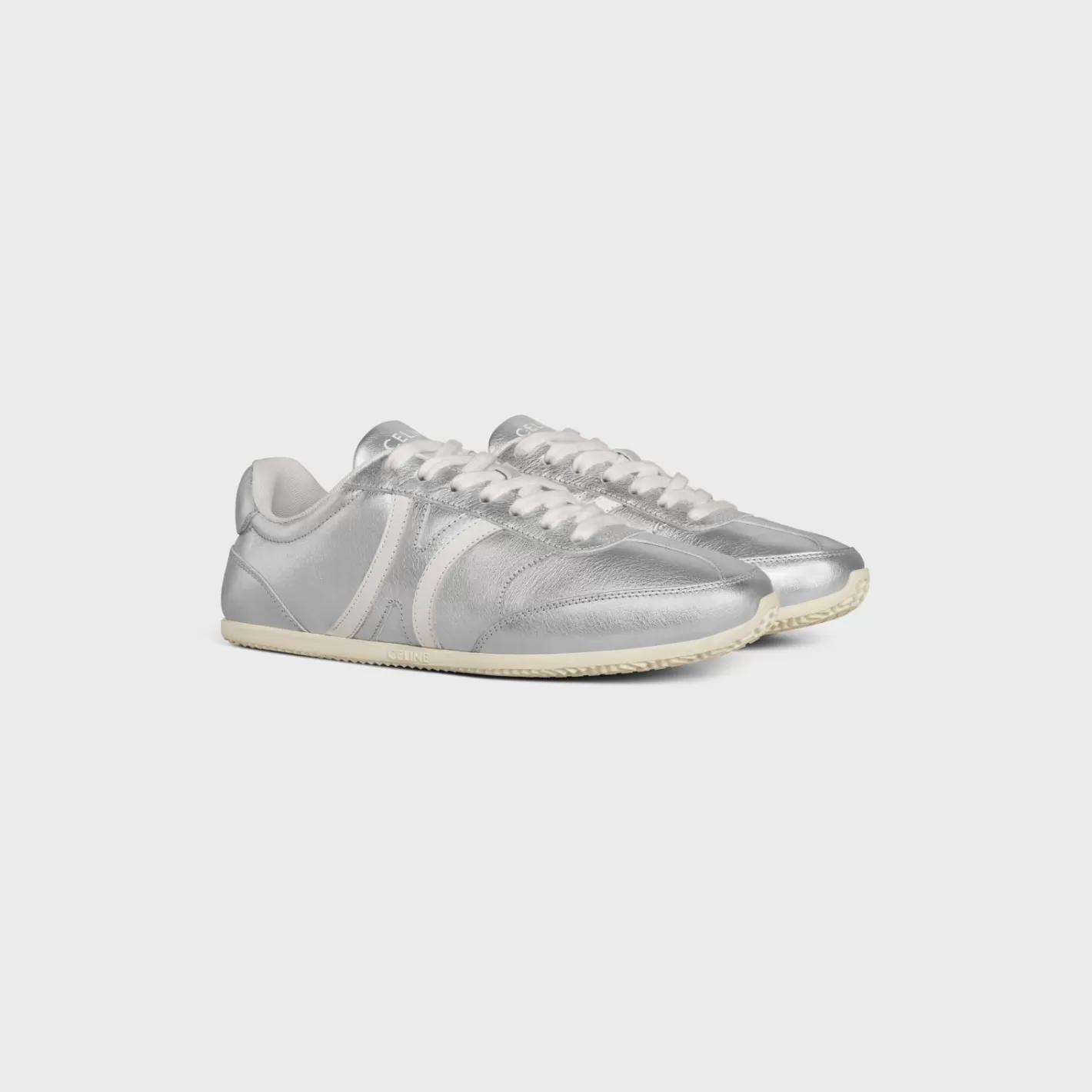 Sale CELINE JOGGER LOW LACE-UP SNEAKER in LAMINATED CALFSKIN AND CALFSKIN SILVER/OPTICWHITE