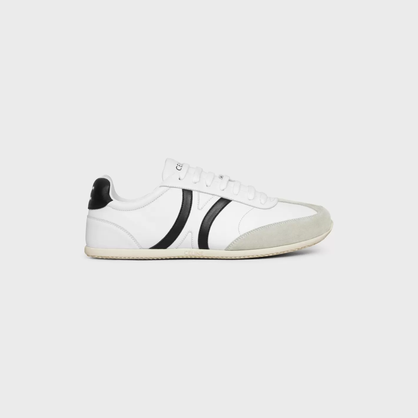 Shop CELINE JOGGER LOW LACE-UP SNEAKER WITH TRIOMPHE in CALFSKIN AND SUEDE CALFSKIN OPTICWHITE/GREY/BLACK