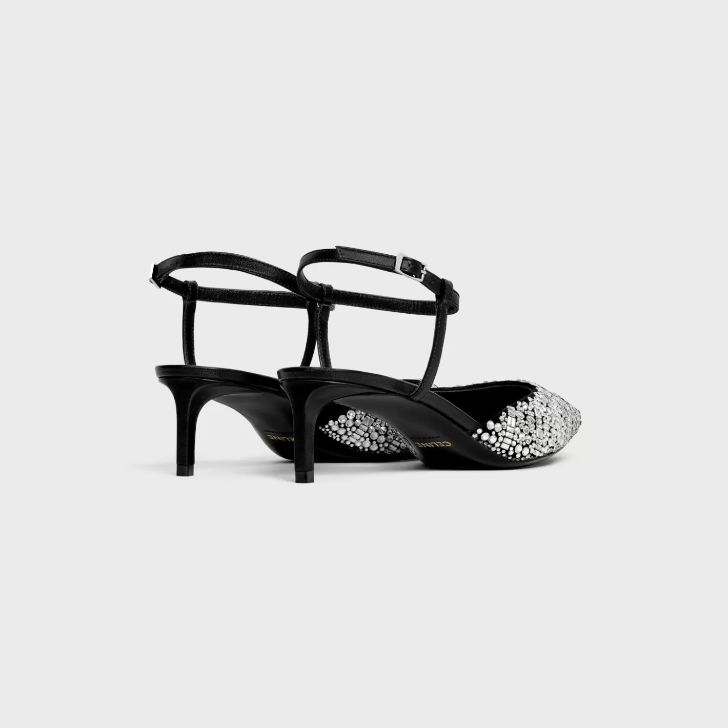 Outlet CELINE KITTEN STRAP PUMP in SUEDE GOATSKIN WITH STRASS AND CALFSKIN BLACK/CRYSTAL