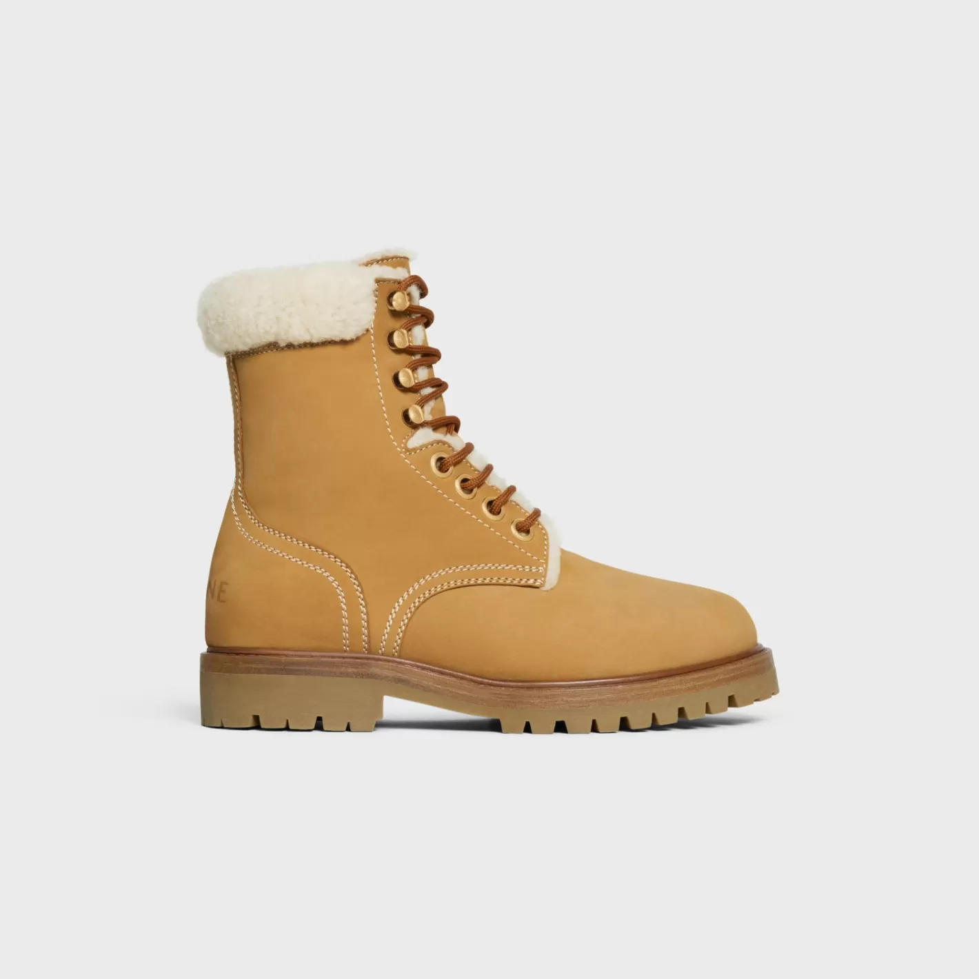 Online CELINE KURT LACE-UP MID BOOT in NUBUCK CALFSKIN AND SHEARLING LIGHTTAN/NATURAL