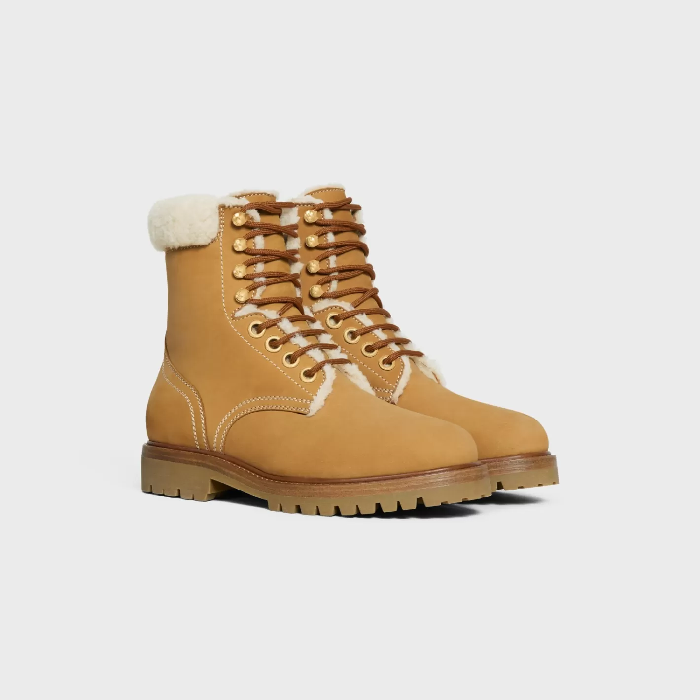 Online CELINE KURT LACE-UP MID BOOT in NUBUCK CALFSKIN AND SHEARLING LIGHTTAN/NATURAL