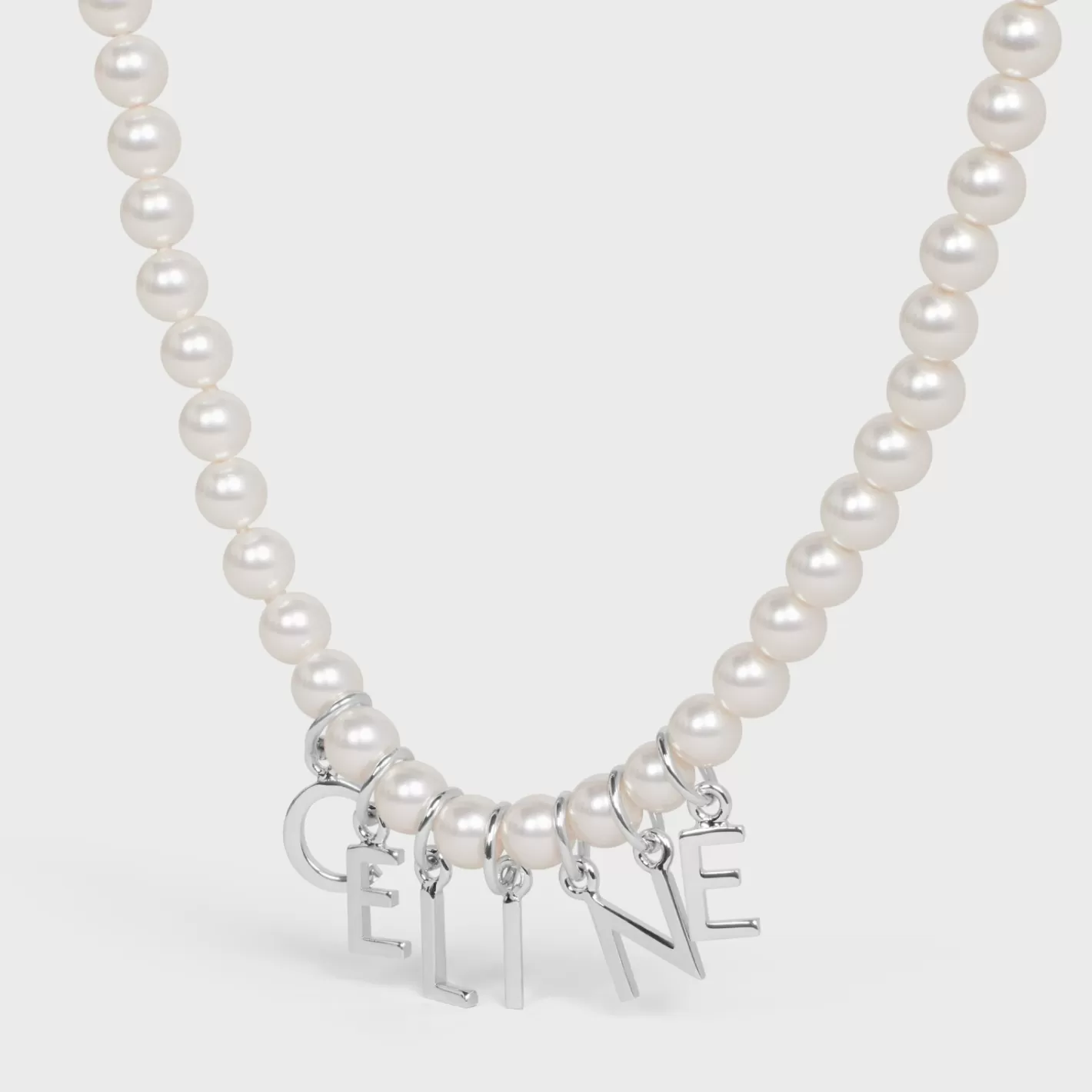 Cheap CELINE Monochroms Necklace in Glass Pearls and Brass with Rhodium Finish IVORY/SILVER