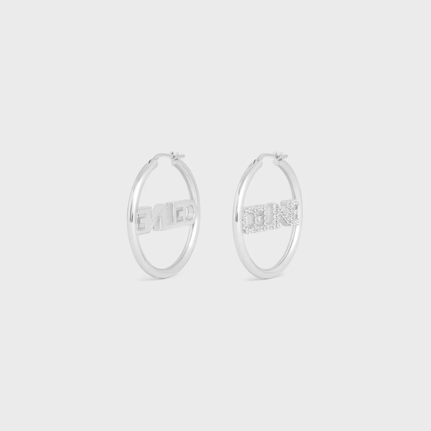 Fashion CELINE Monochroms Strass Hoops in Brass with Rhodium Finish and Crystals SILVER