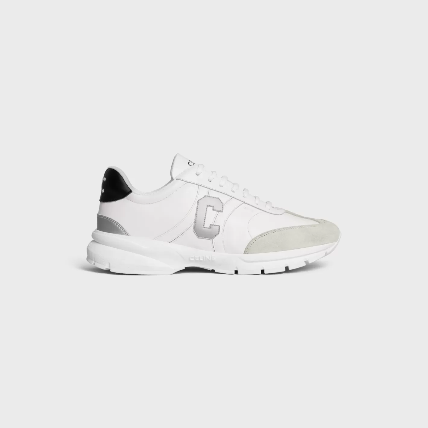 Discount CELINE RUNNER CR-02 LOW LACE-UP SNEAKER in Calfskin, Suede Calfskin and Matte Metallic Calfskin OPTICWHITE/BLACK/GREY/SILVER