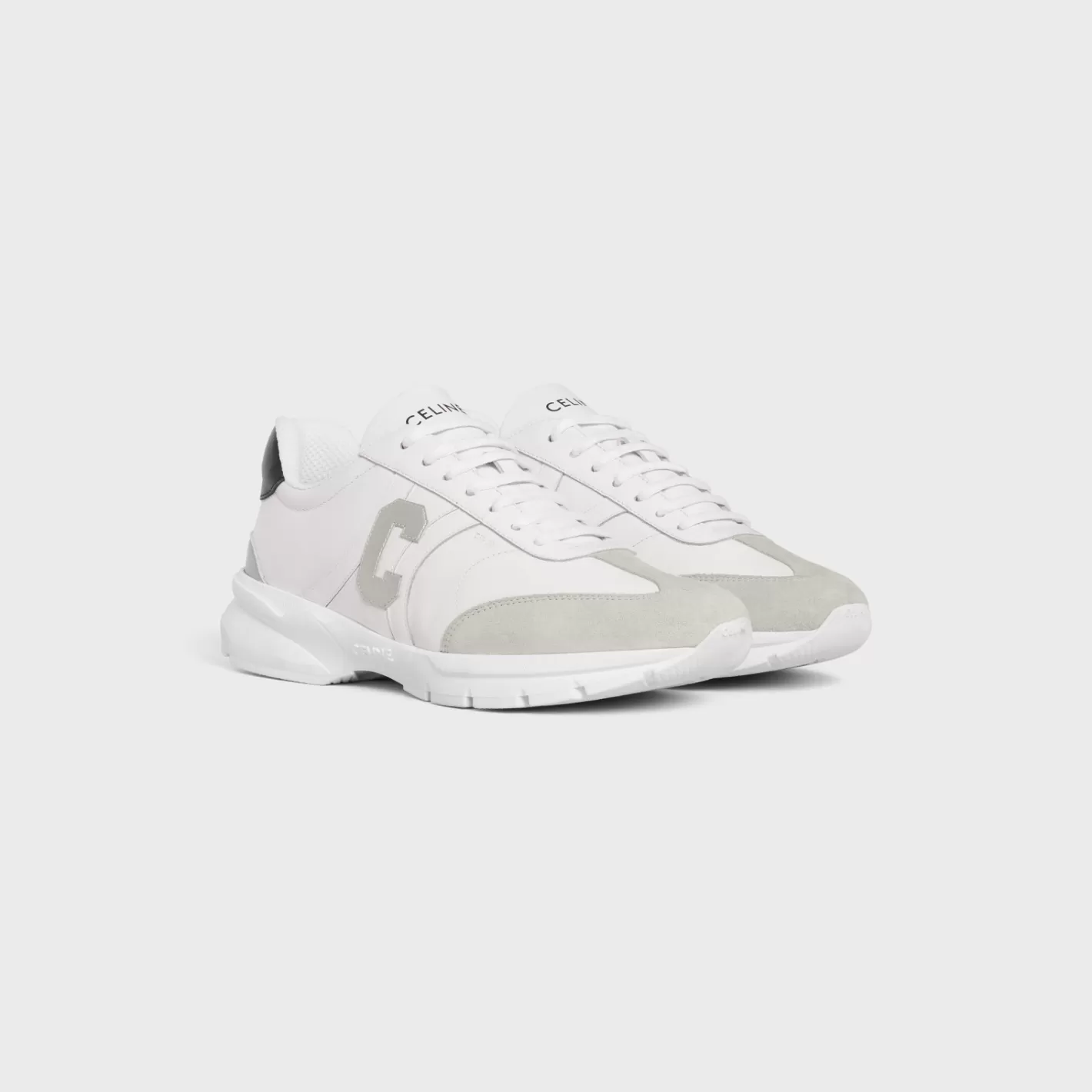 Discount CELINE RUNNER CR-02 LOW LACE-UP SNEAKER in Calfskin, Suede Calfskin and Matte Metallic Calfskin OPTICWHITE/BLACK/GREY/SILVER
