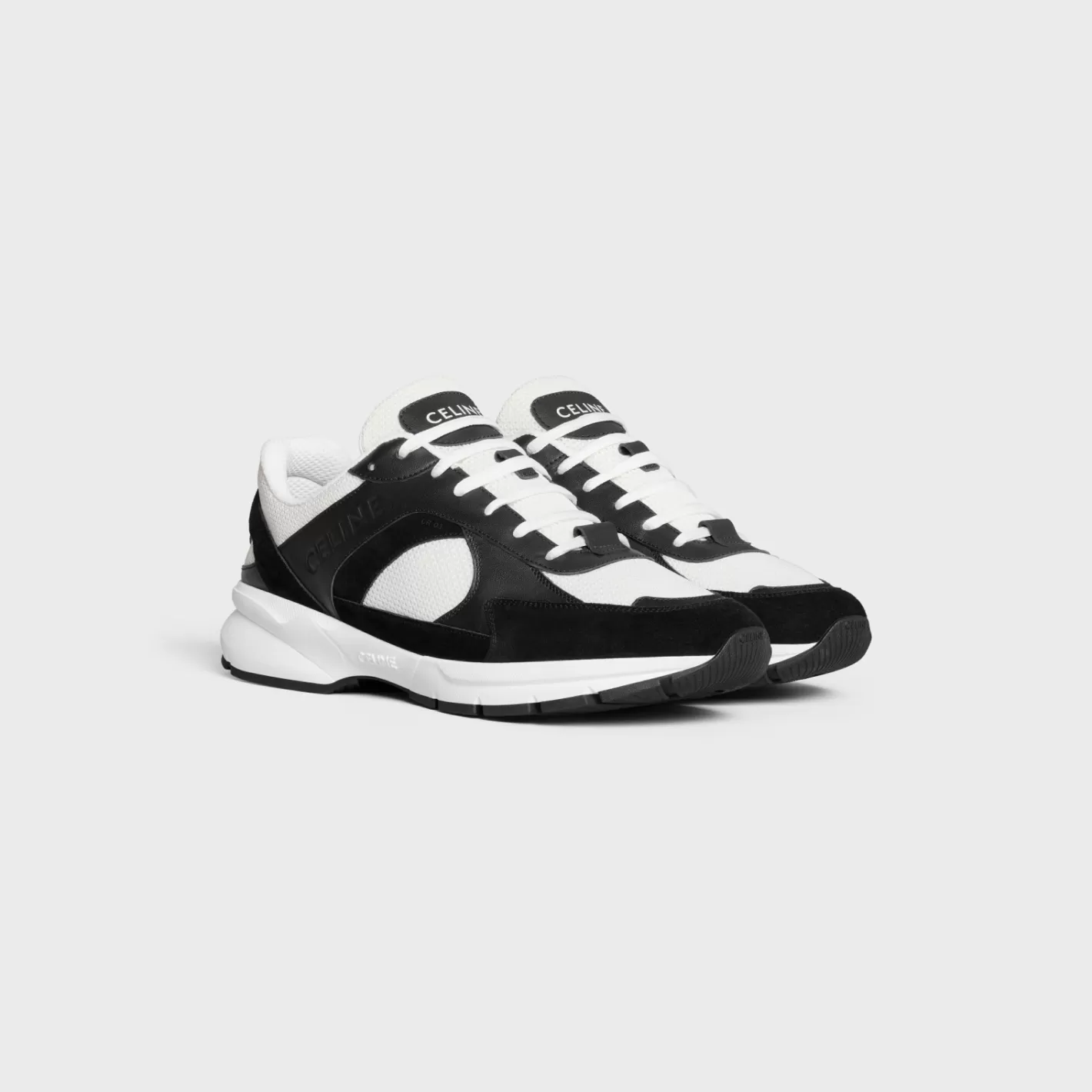 Online CELINE RUNNER CR-03 LOW LACE-UP SNEAKER in MESH, CALFSKIN AND SUEDE CALFSKIN BLACK/OPTICWHITE