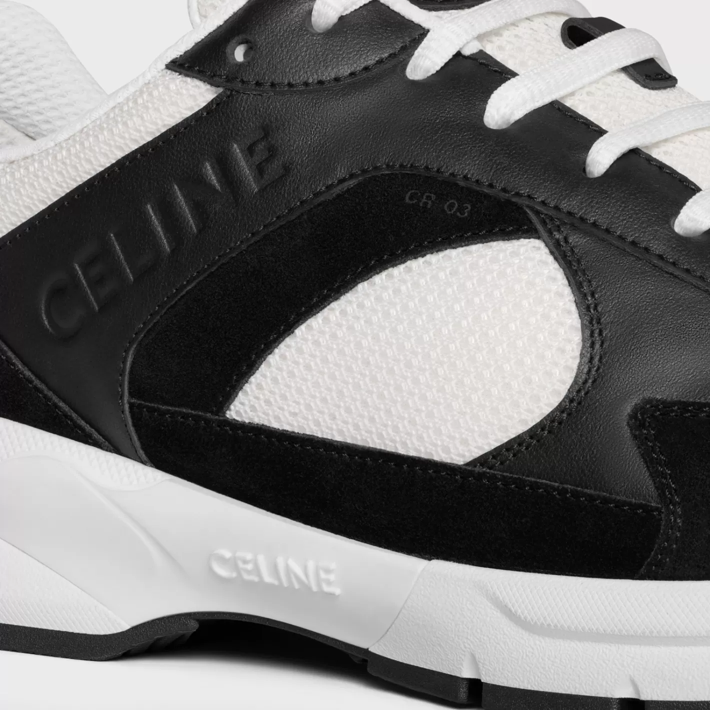 Online CELINE RUNNER CR-03 LOW LACE-UP SNEAKER in MESH, CALFSKIN AND SUEDE CALFSKIN BLACK/OPTICWHITE