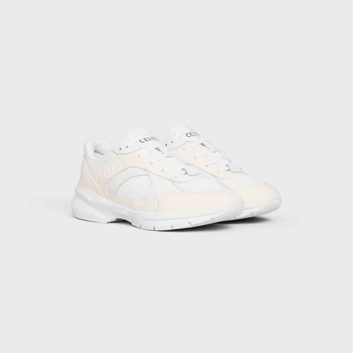 Best Sale CELINE RUNNER CR-03 LOW LACE-UP SNEAKER in MESH, SUEDE CALFSKIN AND CALFSKIN OPTICWHITE