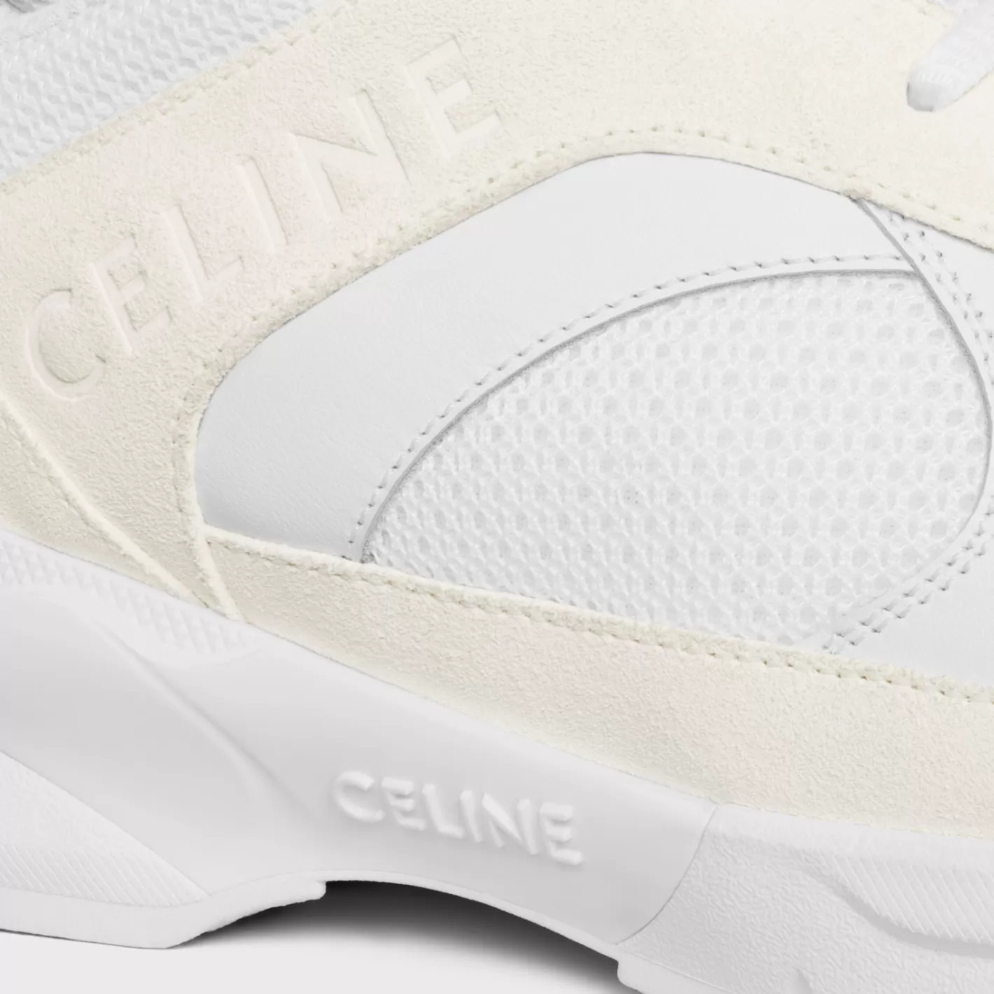 Best Sale CELINE RUNNER CR-03 LOW LACE-UP SNEAKER in MESH, SUEDE CALFSKIN AND CALFSKIN OPTICWHITE