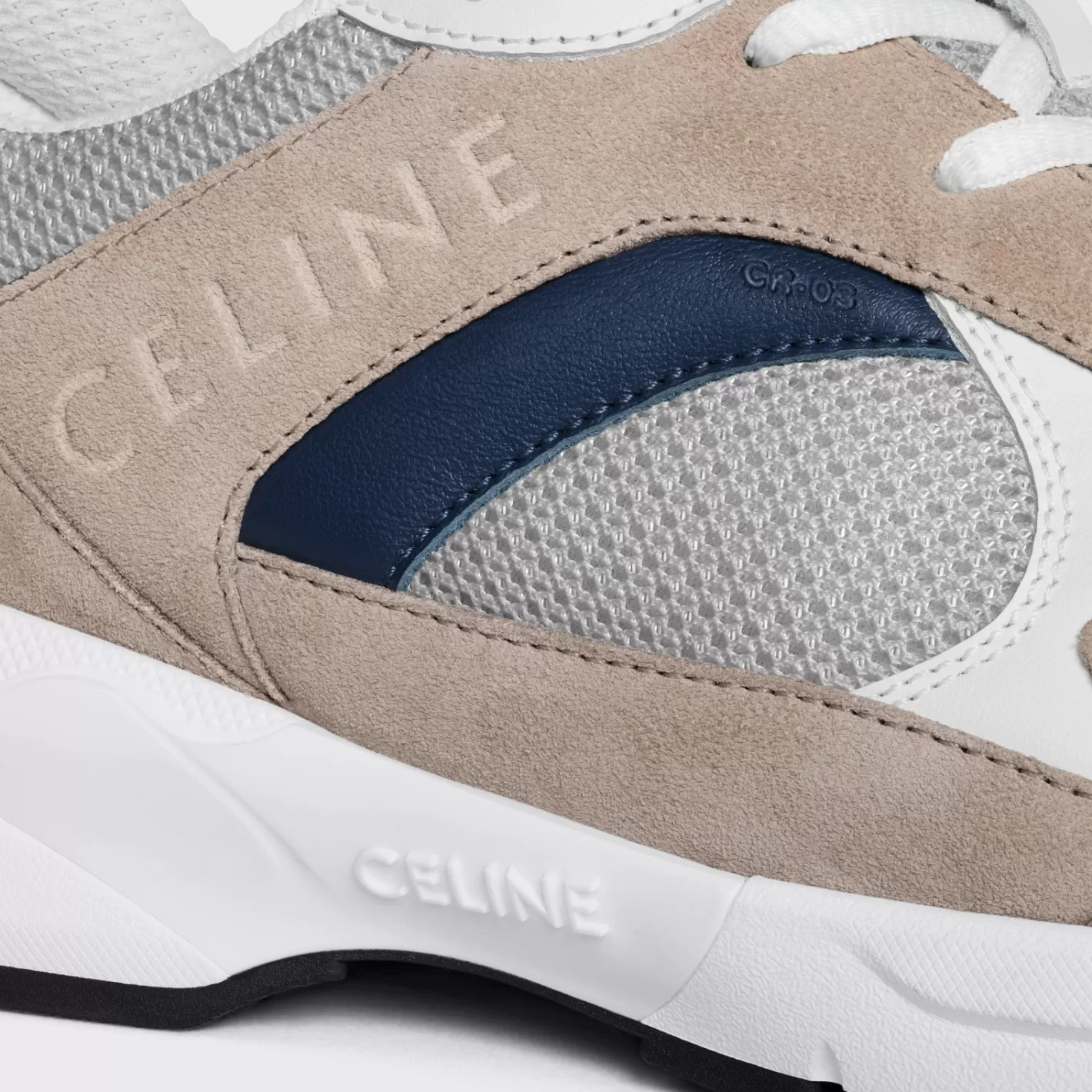 Hot CELINE RUNNER CR-03 LOW LACE-UP SNEAKER in MESH, SUEDE CALFSKIN AND CALFSKIN OpticWhite/Beige/Navy