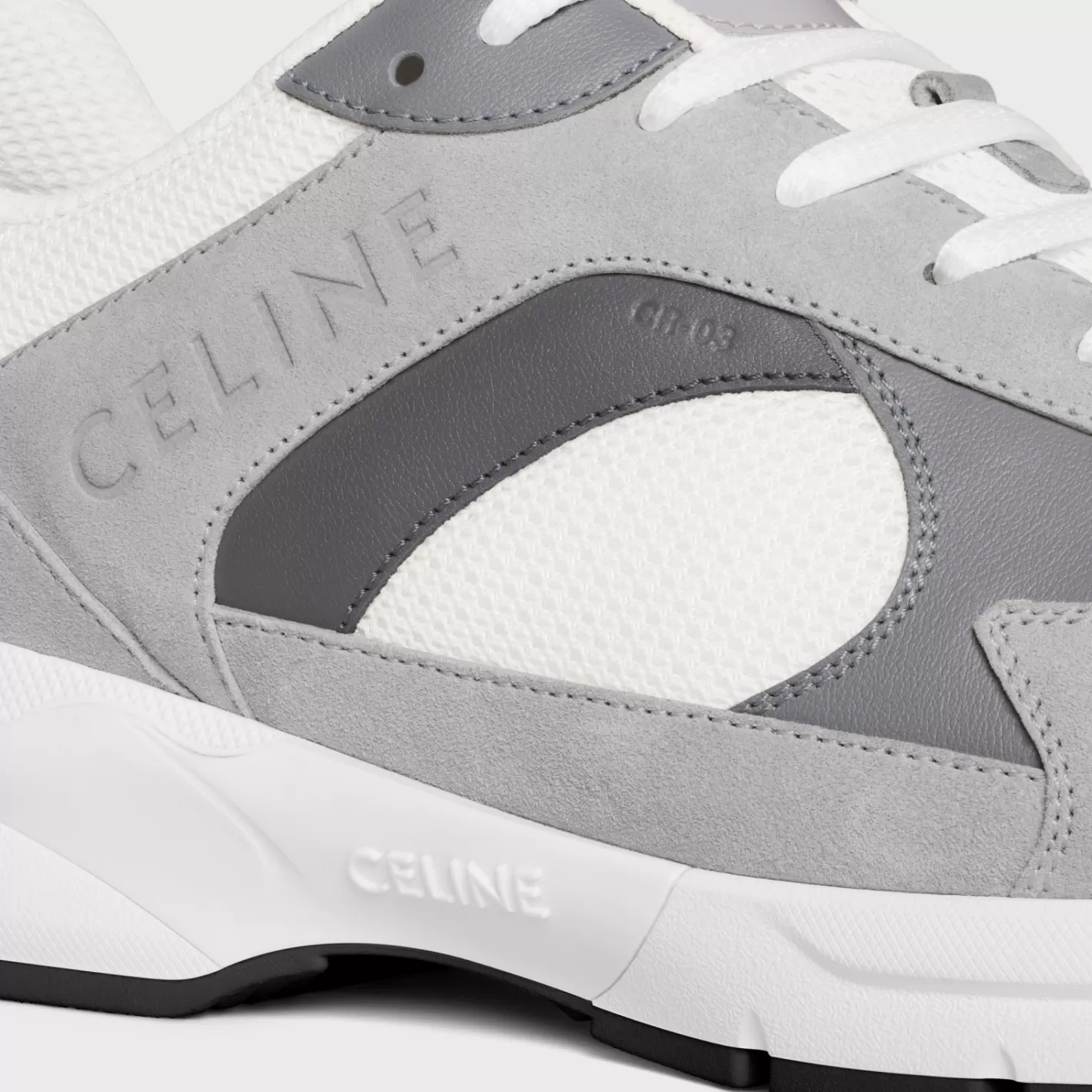 Sale CELINE RUNNER CR-03 LOW LACE-UP SNEAKER in MESH, SUEDE CALFSKIN AND CALFSKIN GREY