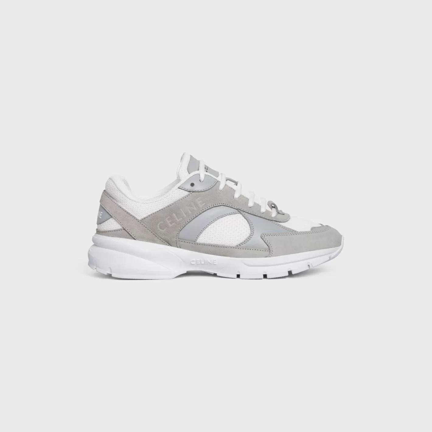 New CELINE RUNNER CR-03 LOW LACE-UP SNEAKER in SUEDE CALFSKIN, MESH AND CALFSKIN GREY/OPTICWHITE