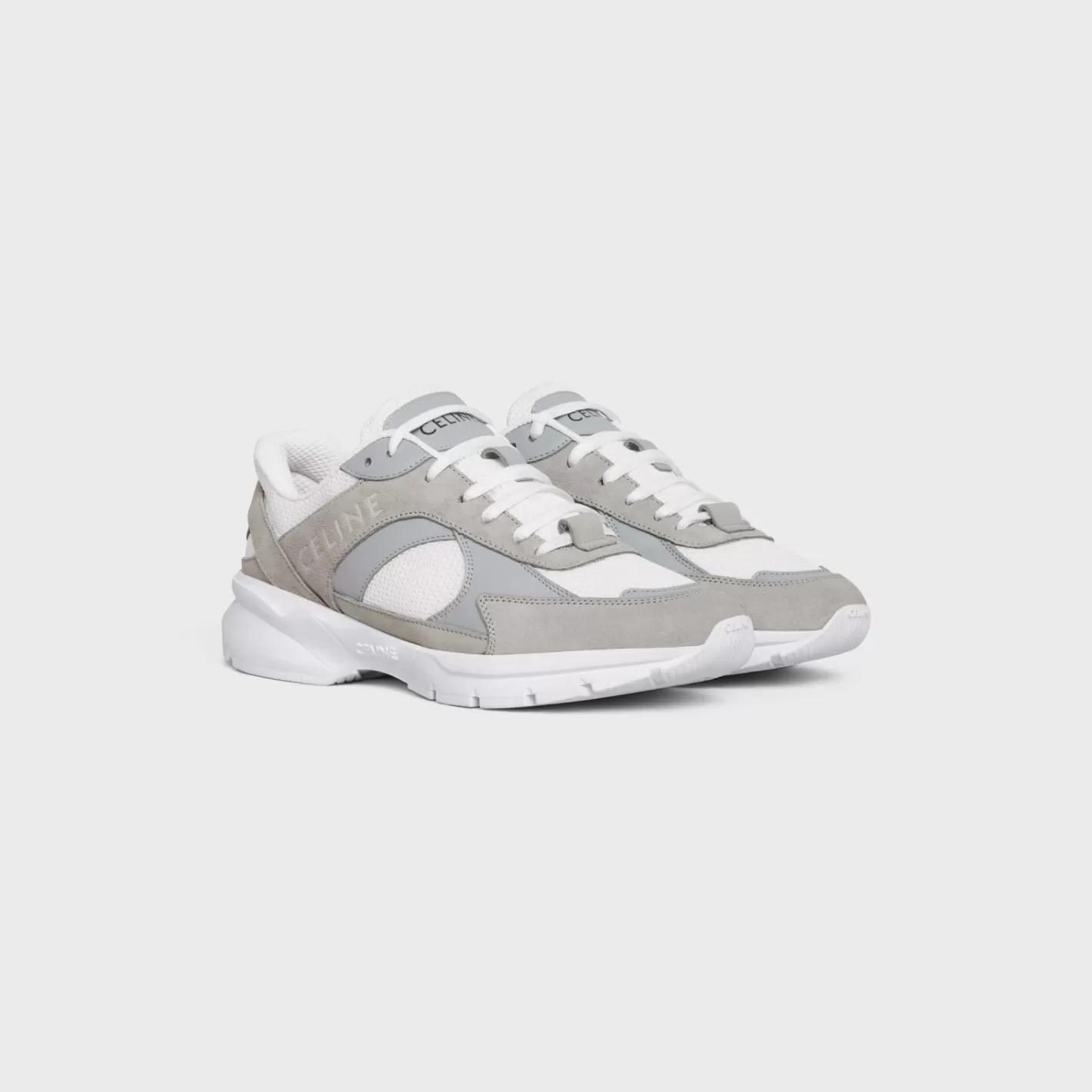 New CELINE RUNNER CR-03 LOW LACE-UP SNEAKER in SUEDE CALFSKIN, MESH AND CALFSKIN GREY/OPTICWHITE