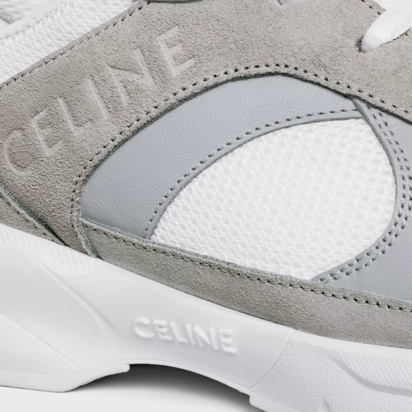 New CELINE RUNNER CR-03 LOW LACE-UP SNEAKER in SUEDE CALFSKIN, MESH AND CALFSKIN GREY/OPTICWHITE