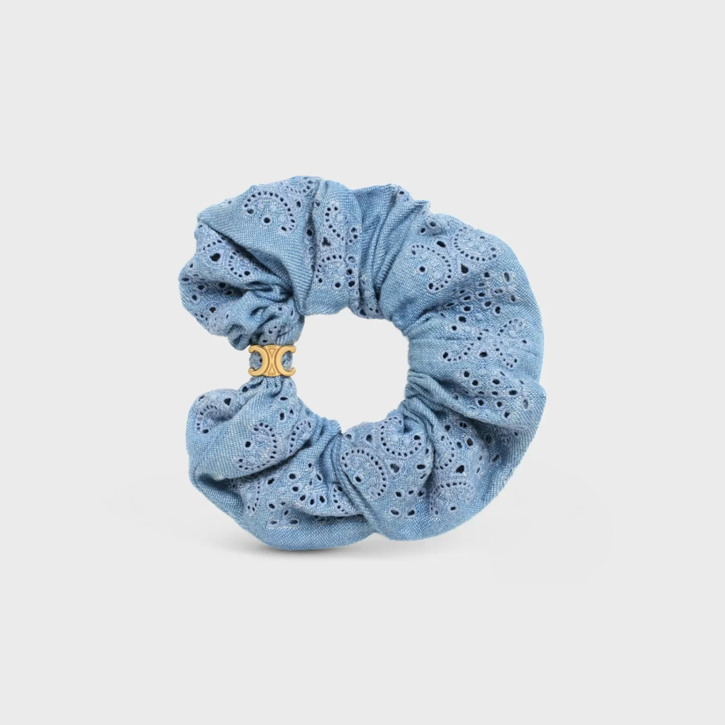 Discount CELINE Scrunchy English Embroidery in Brass with Gold Finish and Cotton GOLD/LIGHTBLUE