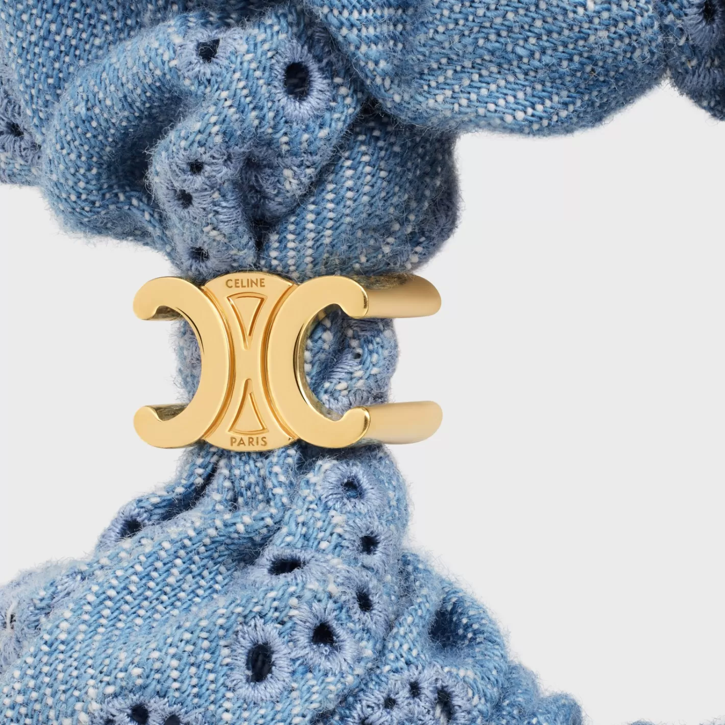 Discount CELINE Scrunchy English Embroidery in Brass with Gold Finish and Cotton GOLD/LIGHTBLUE