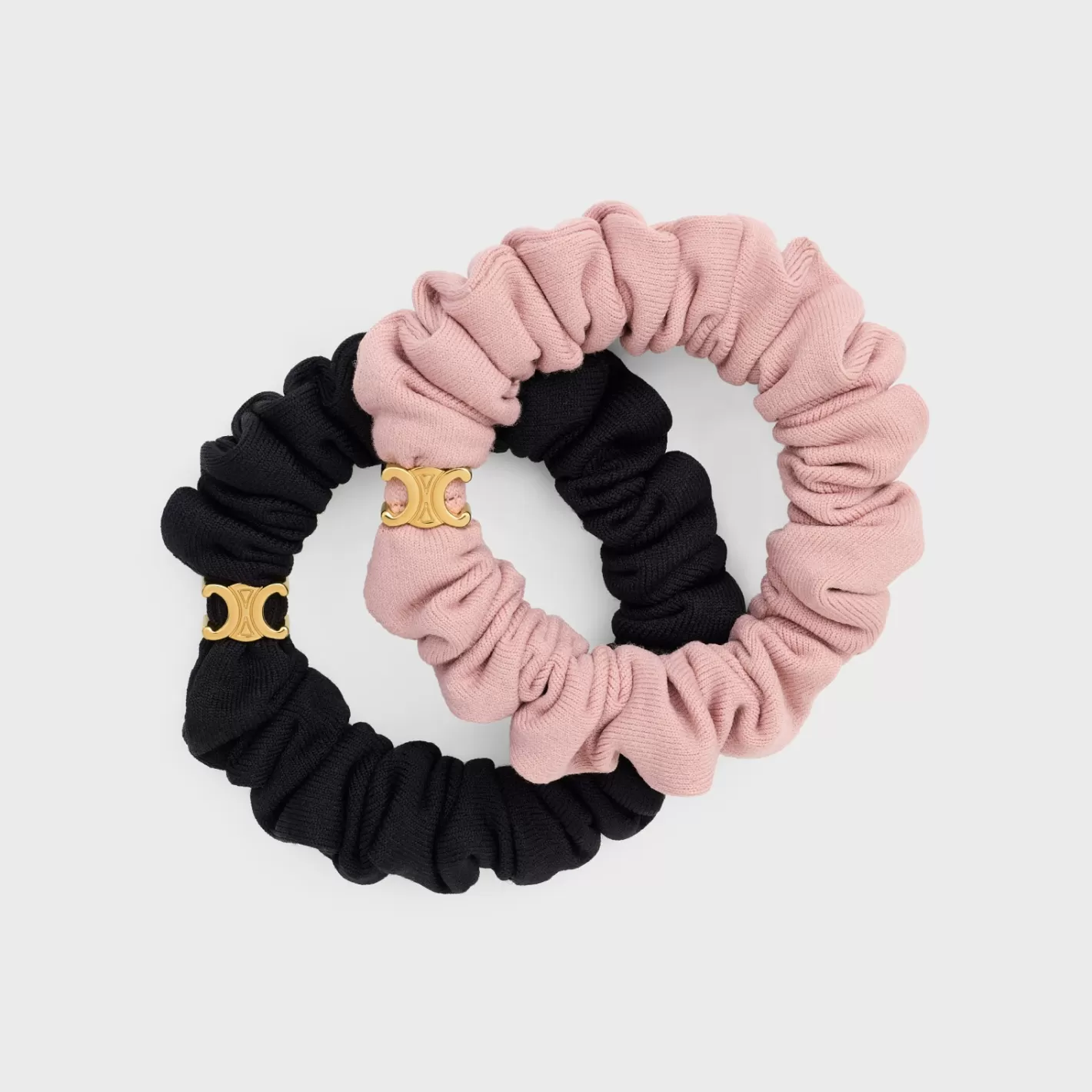 Fashion CELINE Set of 2 Small Scrunchies in Polyamide, Elastane and Brass with Gold Finish BLACK/PINK