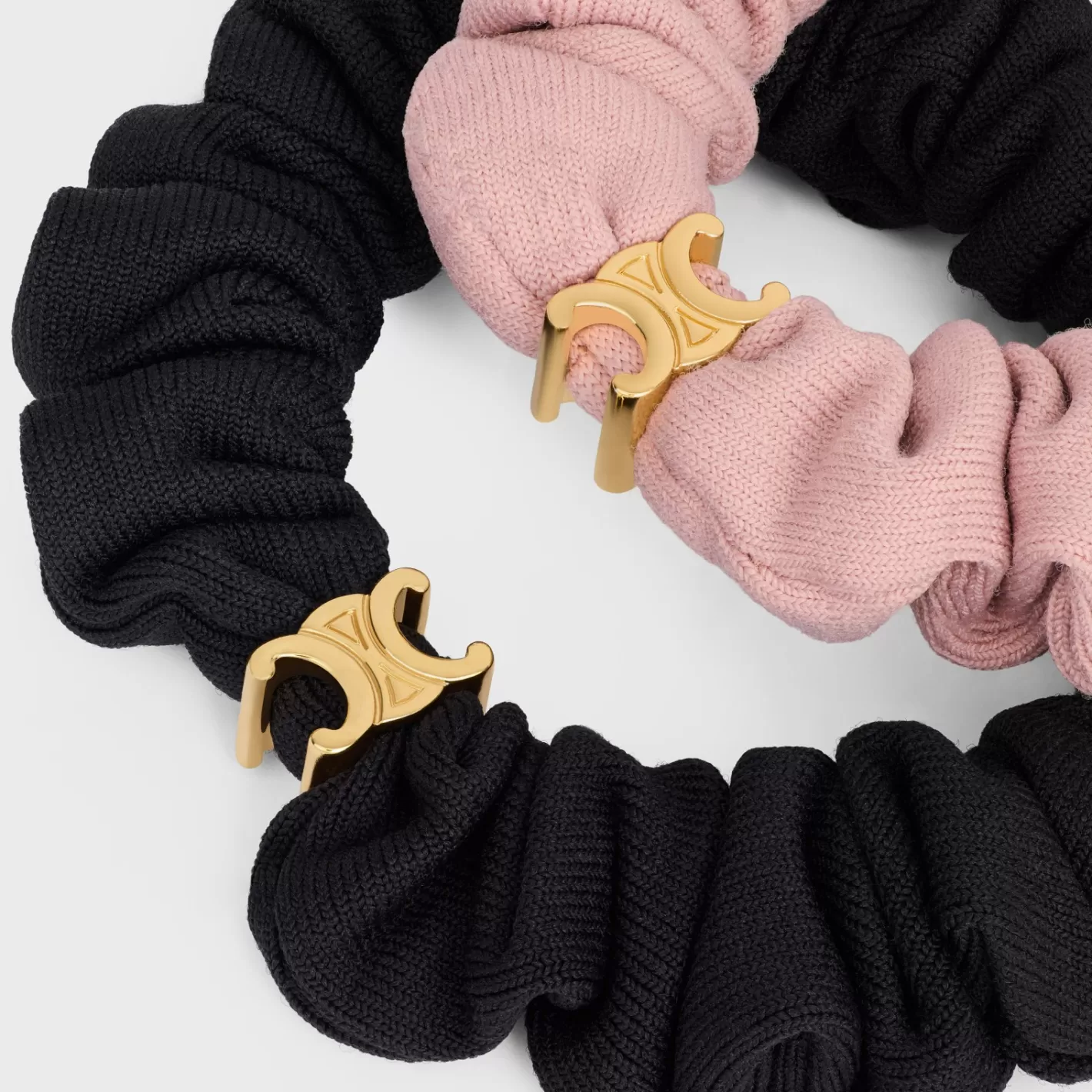 Fashion CELINE Set of 2 Small Scrunchies in Polyamide, Elastane and Brass with Gold Finish BLACK/PINK