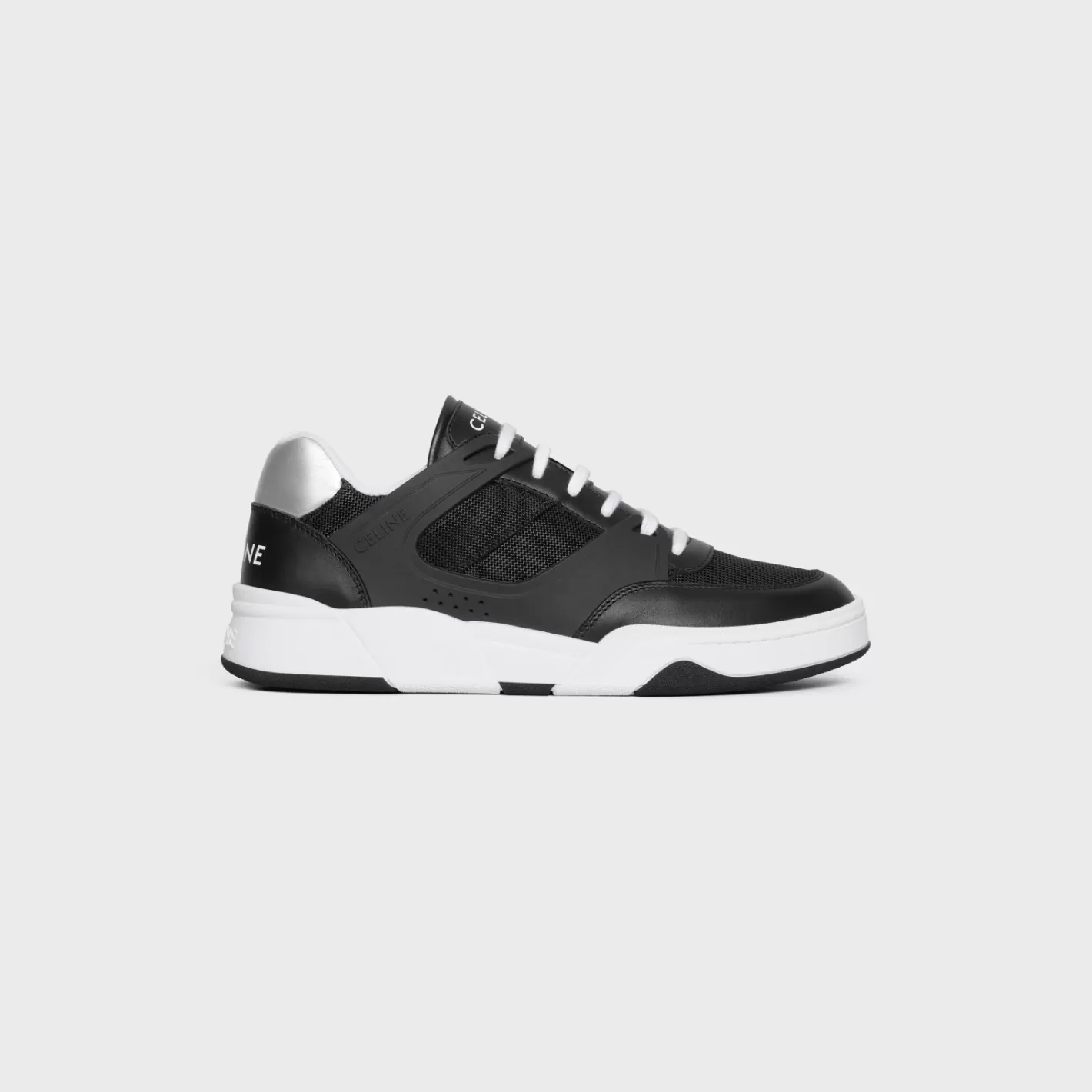 Online CELINE TRAINER CT-07 LOW LACE-UP SNEAKER in Mesh, Calfskin AND Laminated Calfskin BLACK/SILVER