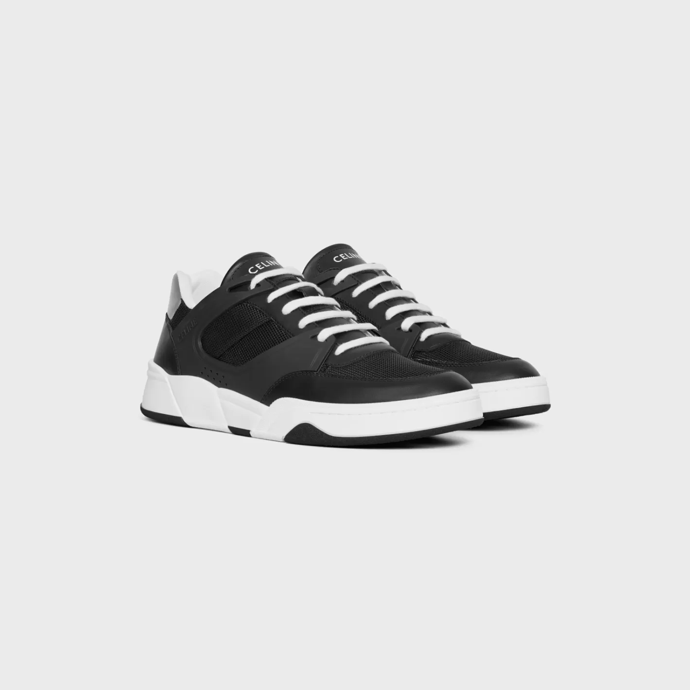 Online CELINE TRAINER CT-07 LOW LACE-UP SNEAKER in Mesh, Calfskin AND Laminated Calfskin BLACK/SILVER