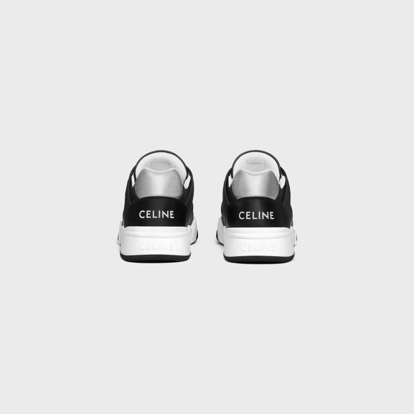 Online CELINE TRAINER CT-07 LOW LACE-UP SNEAKER in Mesh, Calfskin AND Laminated Calfskin BLACK/SILVER
