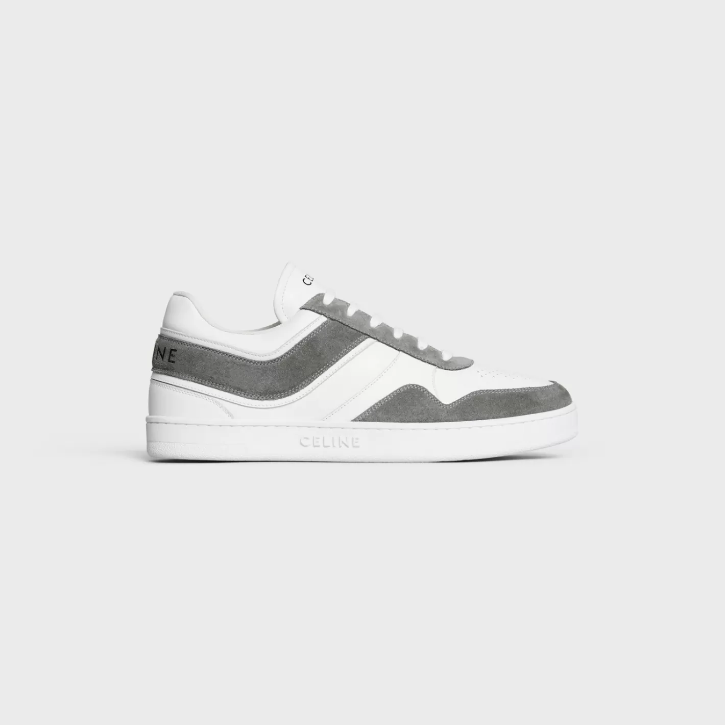 Online CELINE TRAINER LOW LACE-UP SNEAKER in SUEDE CALFSKIN AND CALFSKIN GREY/OPTICWHITE