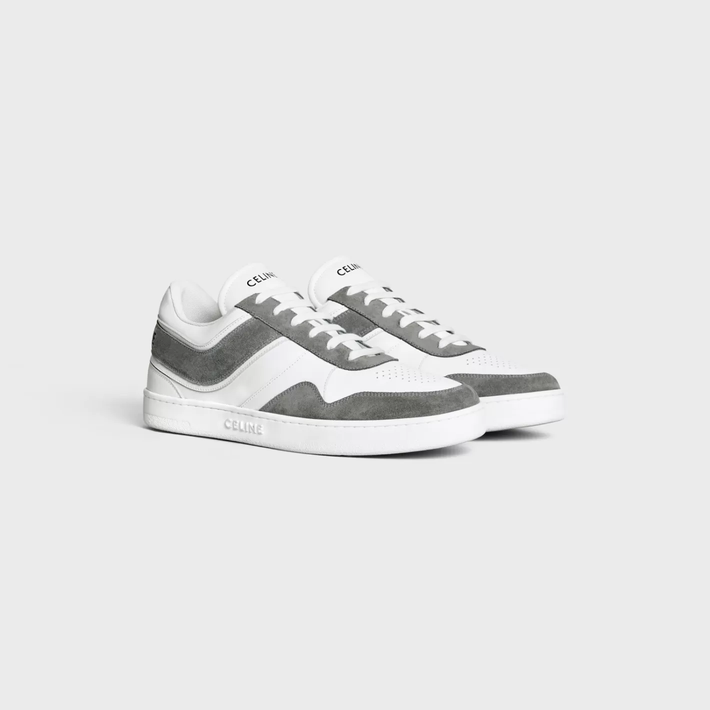Online CELINE TRAINER LOW LACE-UP SNEAKER in SUEDE CALFSKIN AND CALFSKIN GREY/OPTICWHITE