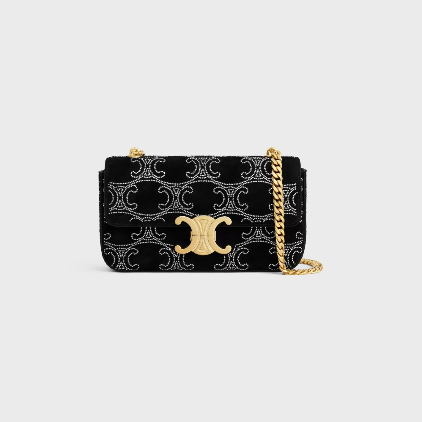 Shop CELINE CHAIN SHOULDER BAG CLAUDE in SUEDE CALFSKIN WITH TRIOMPHE STRASS BLACK