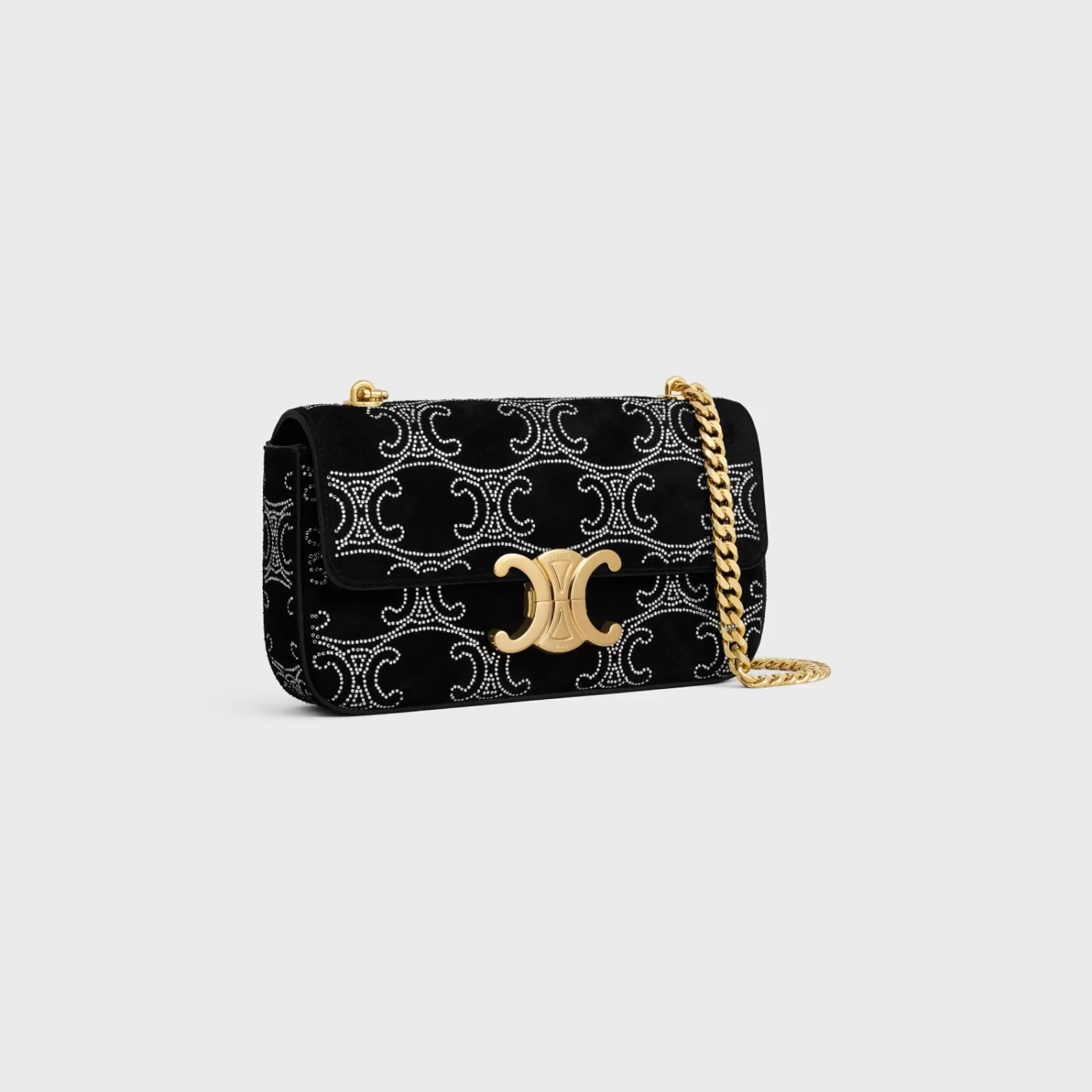 Shop CELINE CHAIN SHOULDER BAG CLAUDE in SUEDE CALFSKIN WITH TRIOMPHE STRASS BLACK