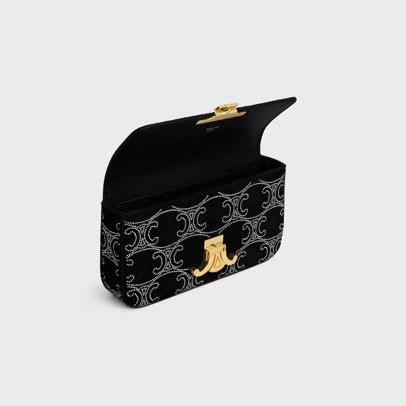 Shop CELINE CHAIN SHOULDER BAG CLAUDE in SUEDE CALFSKIN WITH TRIOMPHE STRASS BLACK