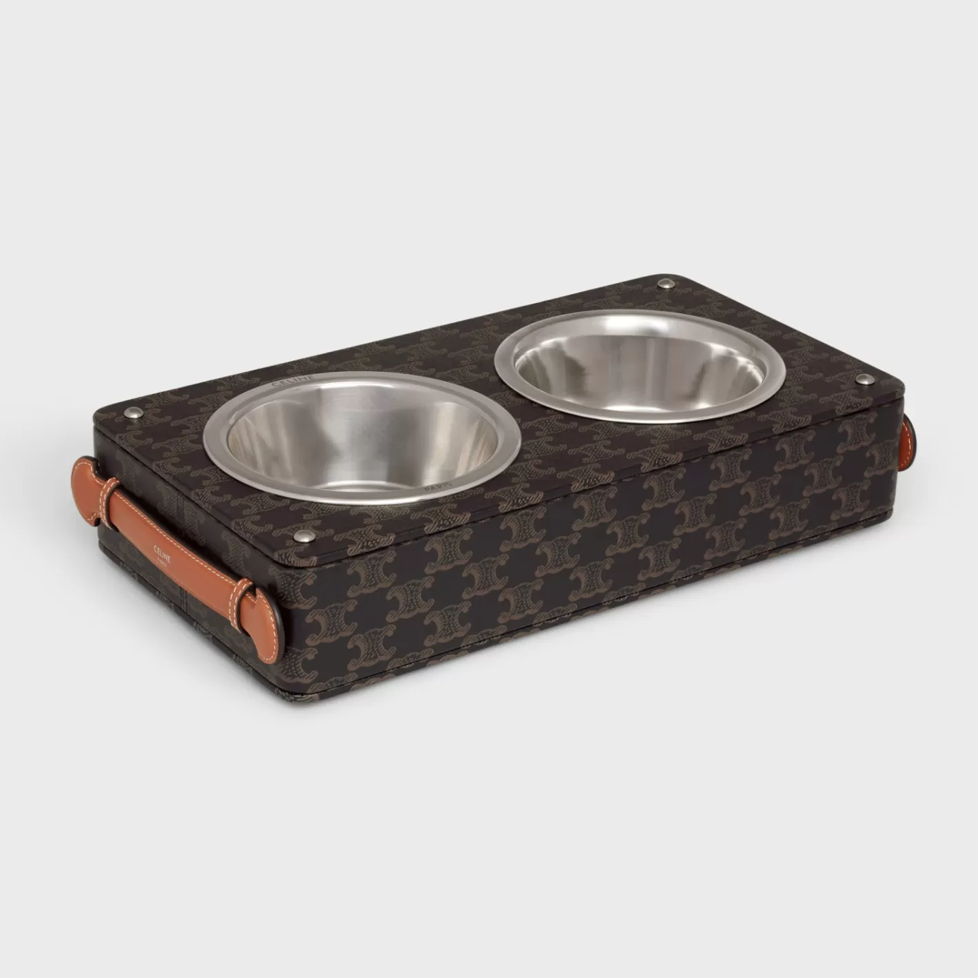 Flash Sale CELINE Double Dog Bowl in Nappa Lambskin with Triomphe Canvas Print and Calfskin TAN