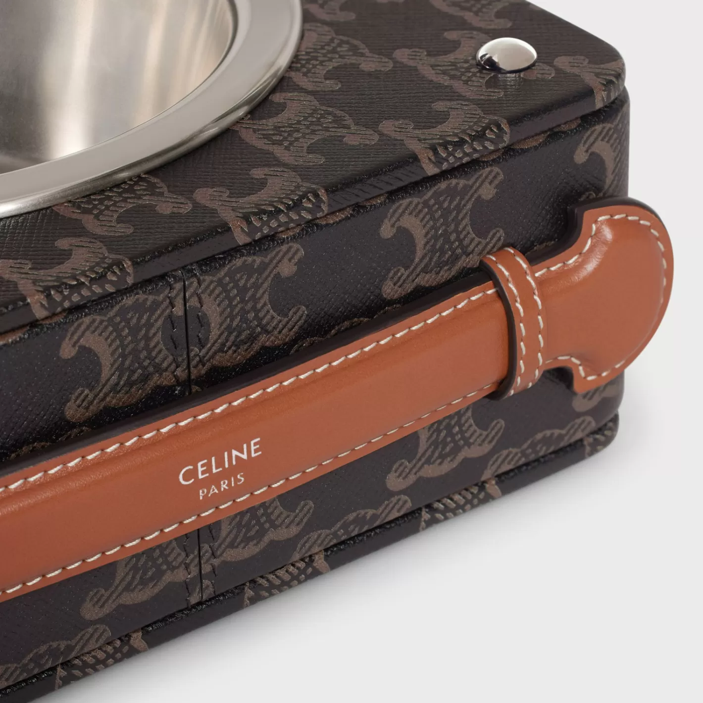 Flash Sale CELINE Double Dog Bowl in Nappa Lambskin with Triomphe Canvas Print and Calfskin TAN