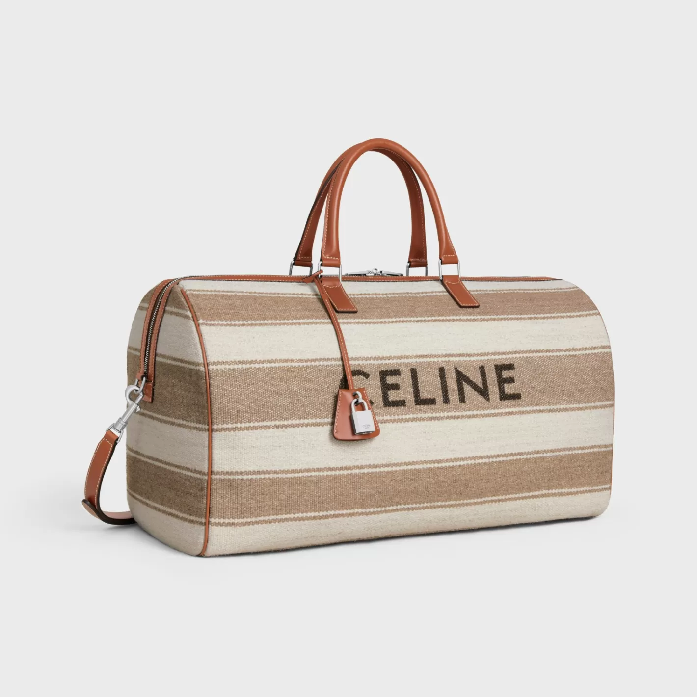 Shop CELINE Large Travel Bag in Textile with jacquard and calfskin BEIGE
