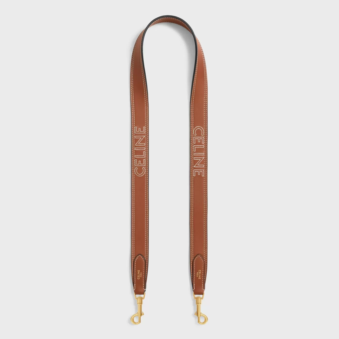 Shop CELINE Long Strap in smooth CALFSKIN WITH EMBROIDERY with Gold Finishing TAN