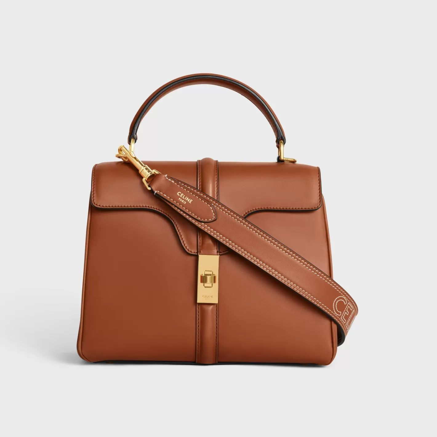 Shop CELINE Long Strap in smooth CALFSKIN WITH EMBROIDERY with Gold Finishing TAN
