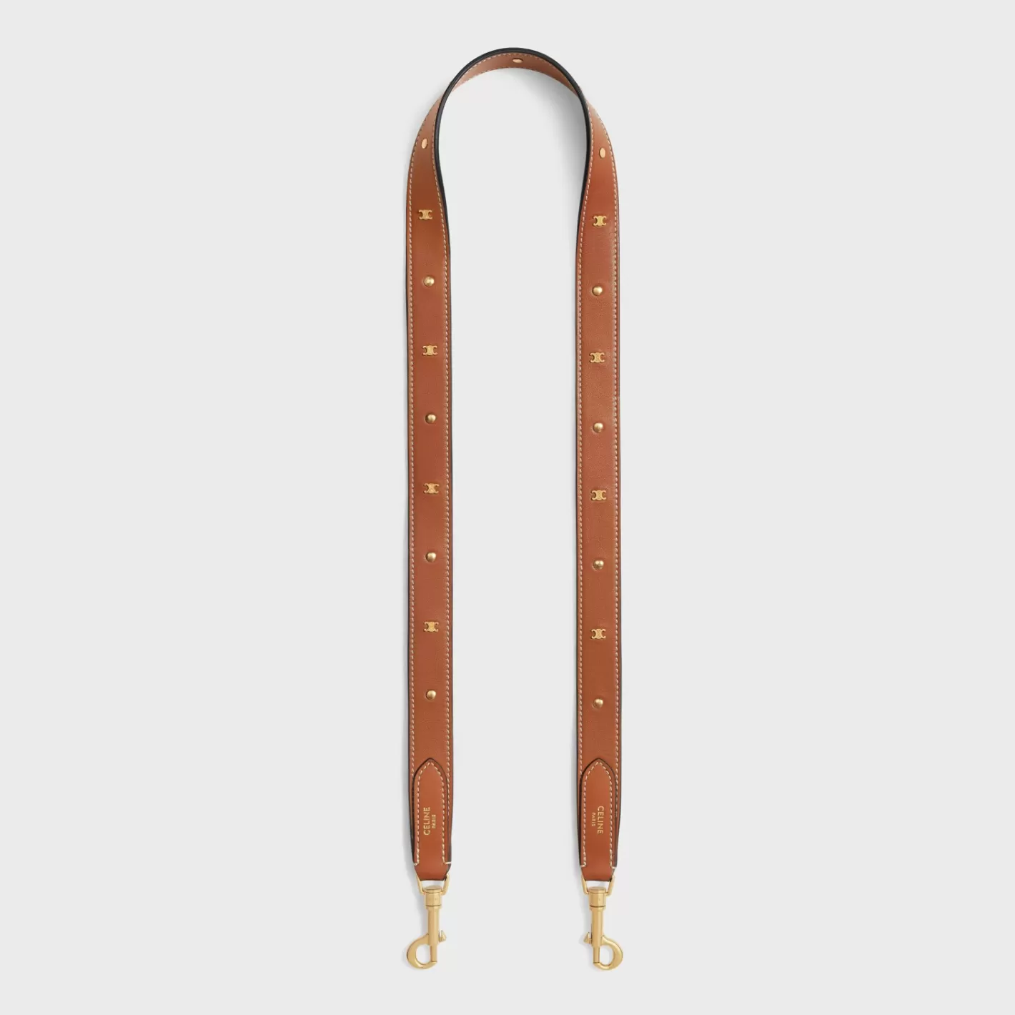 Outlet CELINE LONG STRAP in smooth CALFSKIN WITH TRIOMPHE STUDS with Gold Finishing TAN