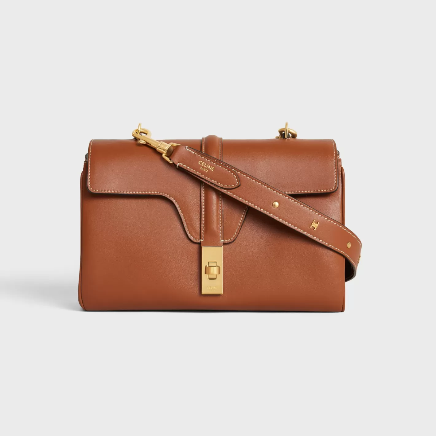 Outlet CELINE LONG STRAP in smooth CALFSKIN WITH TRIOMPHE STUDS with Gold Finishing TAN